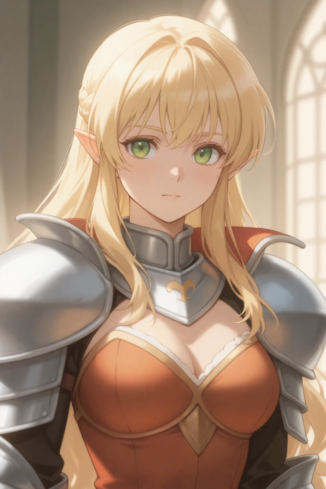 1 girl, blonde, high, warrior, coque,  green eyes , French style , anime,  elf ear