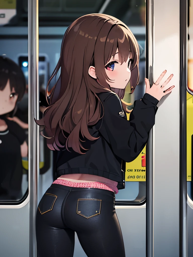 1girl, 20 years old, curly brown hair, black denim jacket, black spendex leggings, leg action, standing in a crowded train, by a window, cute, absurdres, high res, ultrasharp, 8K, masterpiece, looking at the camera, from behind