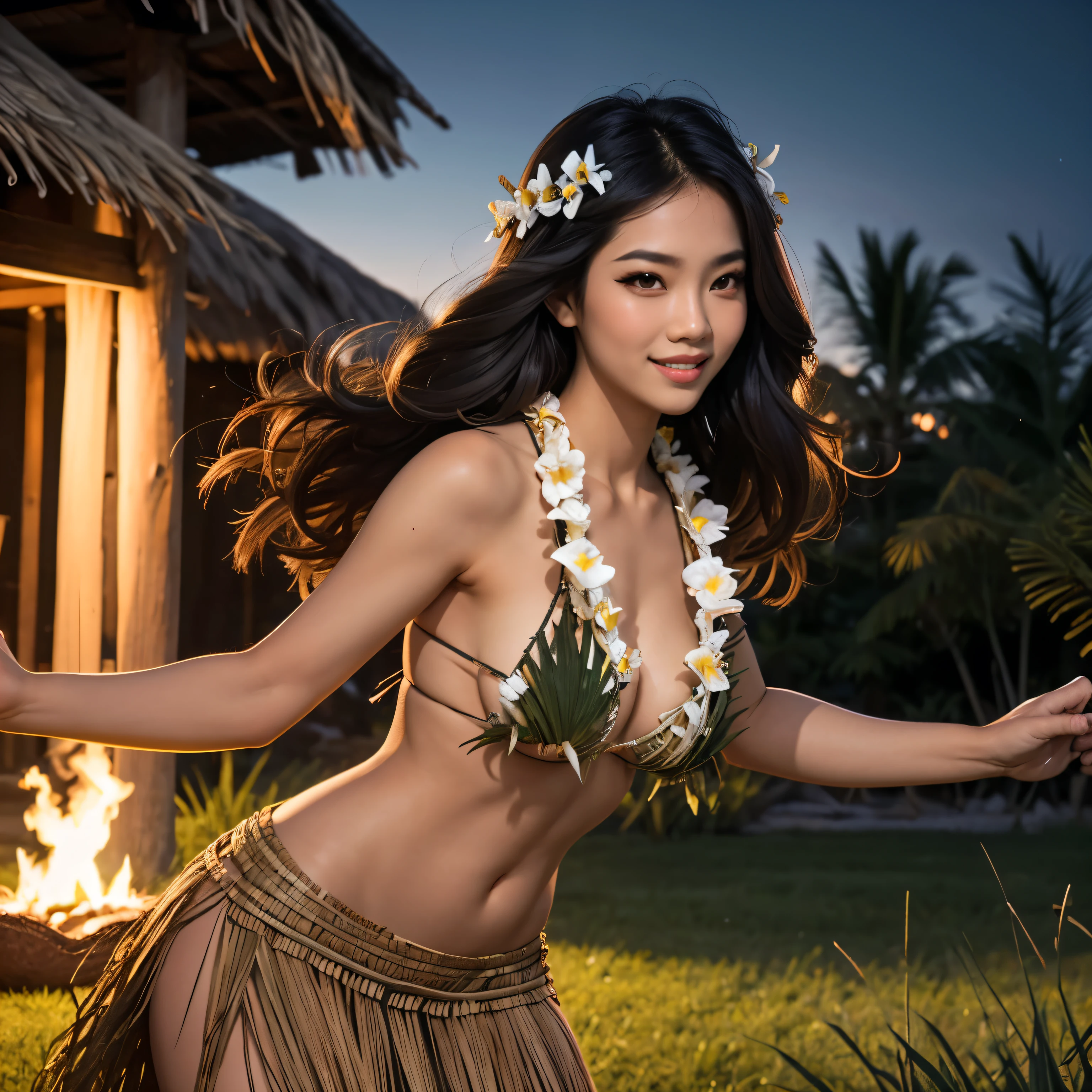 (best quality, masterpiece), (1Woman), beautiful Woman, Asian Woman, Almond Shaped eyes, ((hair color [black_hair], [medium] hair)), ((Grass Skirt)), ((Coconut Bra)), Lei, grskirt,  Small Breasts, realistic, narrow waist, charming, colorful makeup, Smoky eye shadow, Dark Eyeliner. long eyelashes, (tanned skin), (cute), (detailed face), detailed eyes, detailed iris, At Luau, Smiling, Dancing, (arms raised), full body, At Night Tiki torches, (From Side)