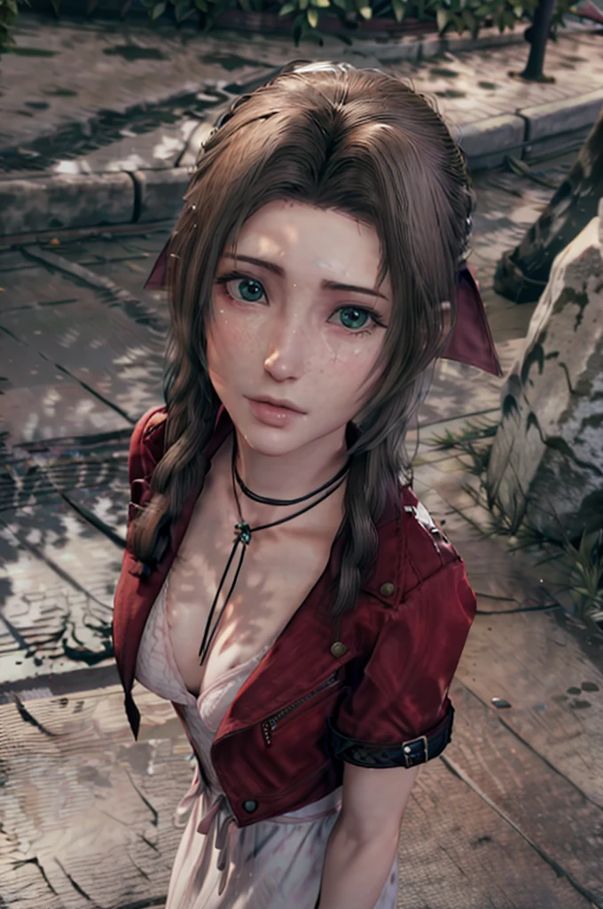realistic, realism, photorealism, photo-realistic, high contrast, (photorealistic:1.4), 8k high definition detailed realistic, (best quality, masterpiece:1.2), NSFW, photon mapping, radiosity, physically-based rendering, best quality, highly detailed,1girl, ffalice, green eyes, jacket, dress, flower, flower shop, city, inside, full body, highleg lingerie