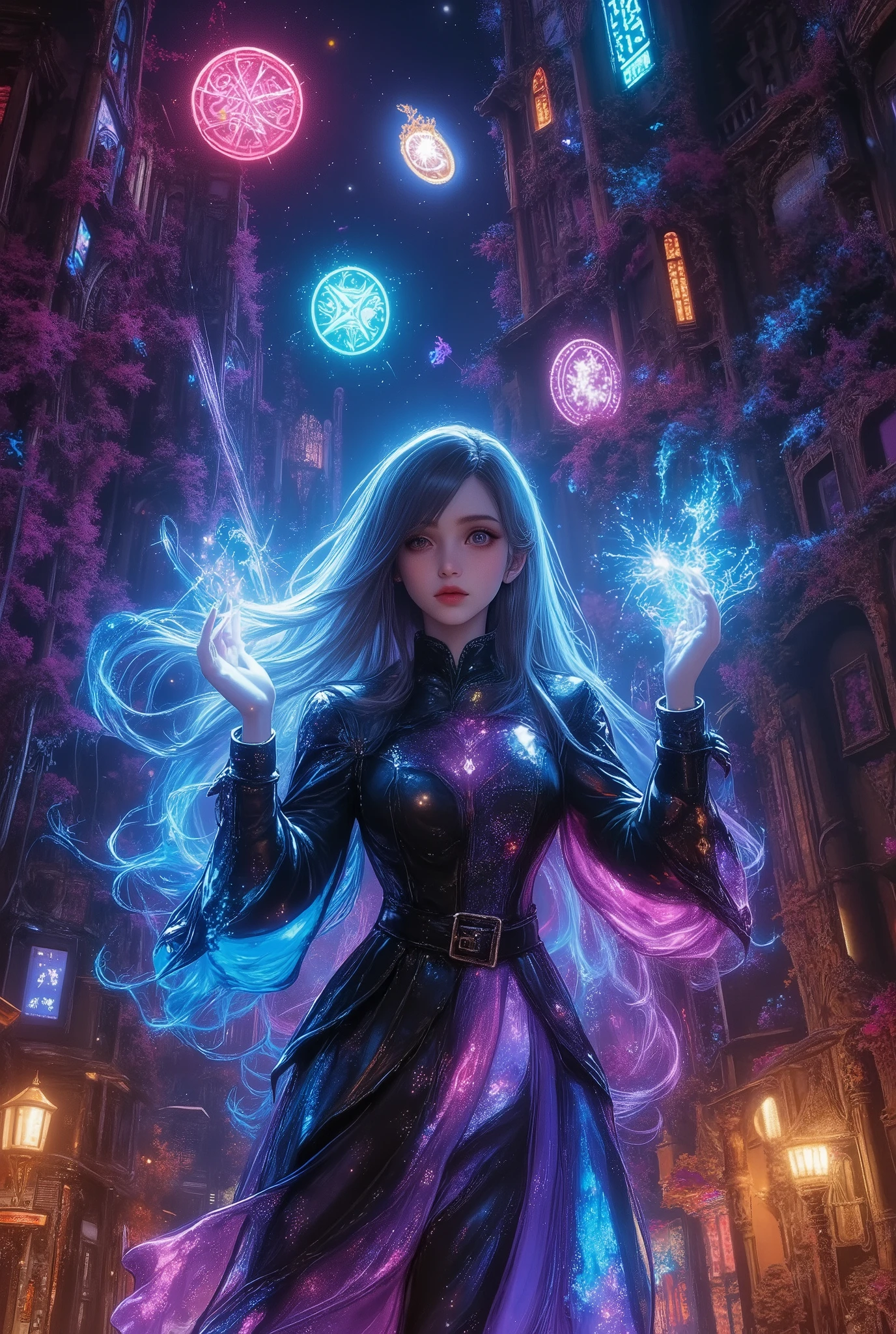 Magical dreamland, villain, 200 Year Old Witch,   long dark hair,   The magic in her hands shines