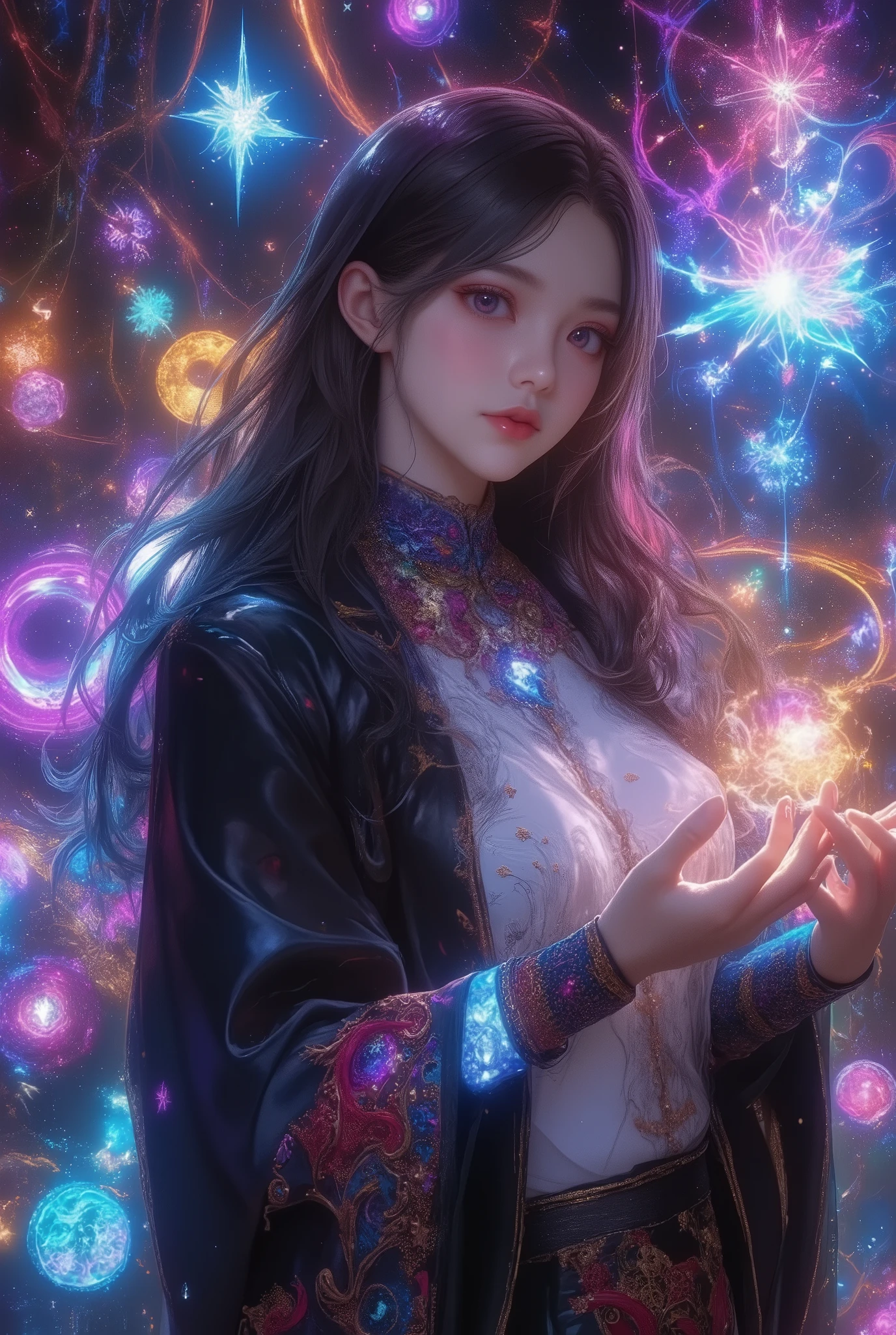Magical dreamland, villain, 200 Year Old Witch, long dark hair, The magic in her hands shines
