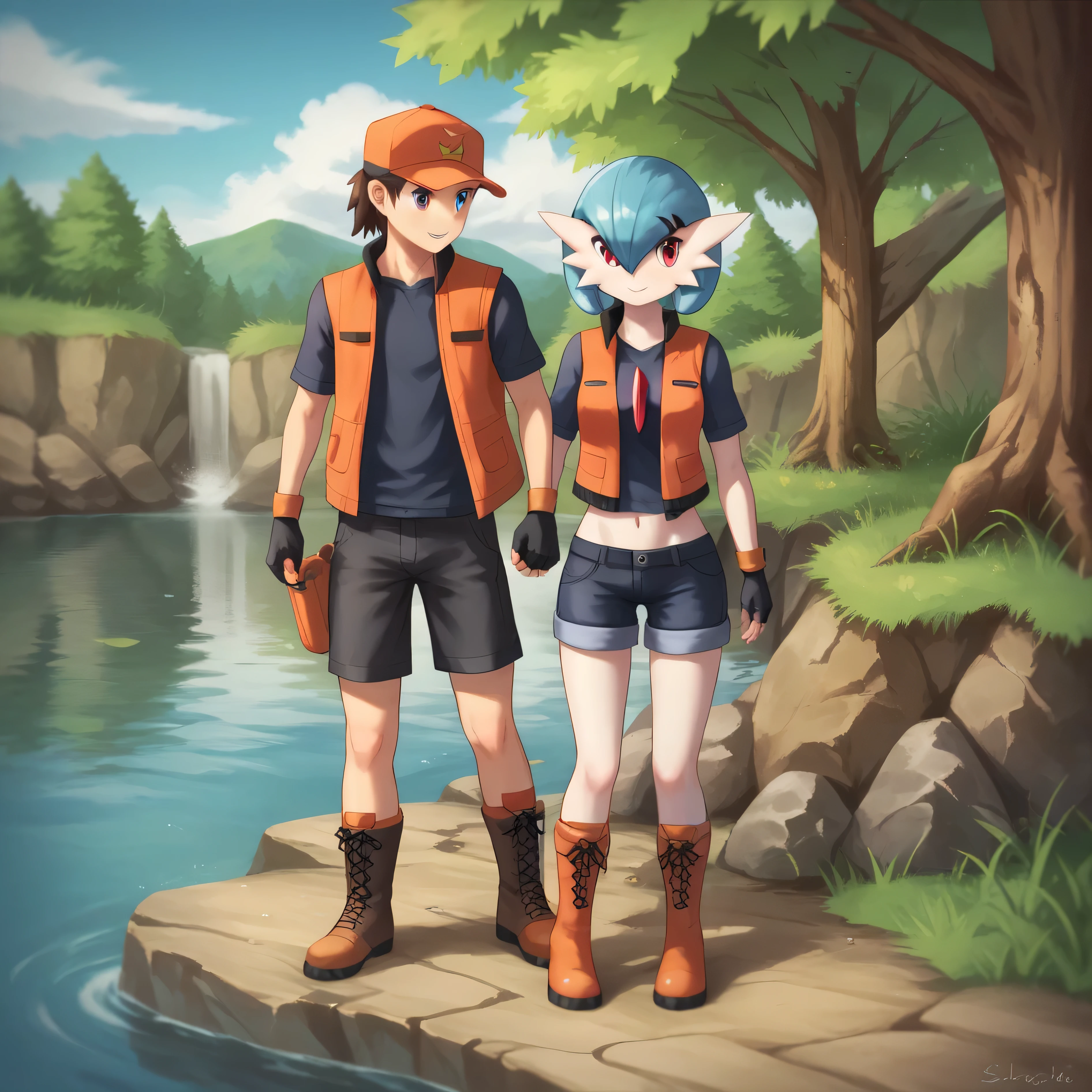 masterpiece, best quality, detailed eyes, detailed face, detailed skin, score_9, score_8_up, score_7_up, full body shot, gallade, pokemonranger oras, in front of lake, countryside background, couple, duo, red eyes, blue eyes, 1boy, head crest, white body, 1girl, baseball cap, fingerless gloves, orange vest, black shirt, black shorts, boots,