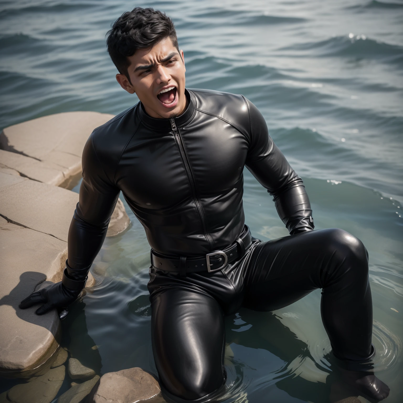 30-year-old handsome man、Black bodysuit、Shocker Belt、logic肉質、Cliff in the mountains　logic,Gay ,Lying on your back　Fallen　The crotch area of the pants is bulging　Scream　Close your eyes　Sticking out tongue　Dirty in muddy water. View from above.。
