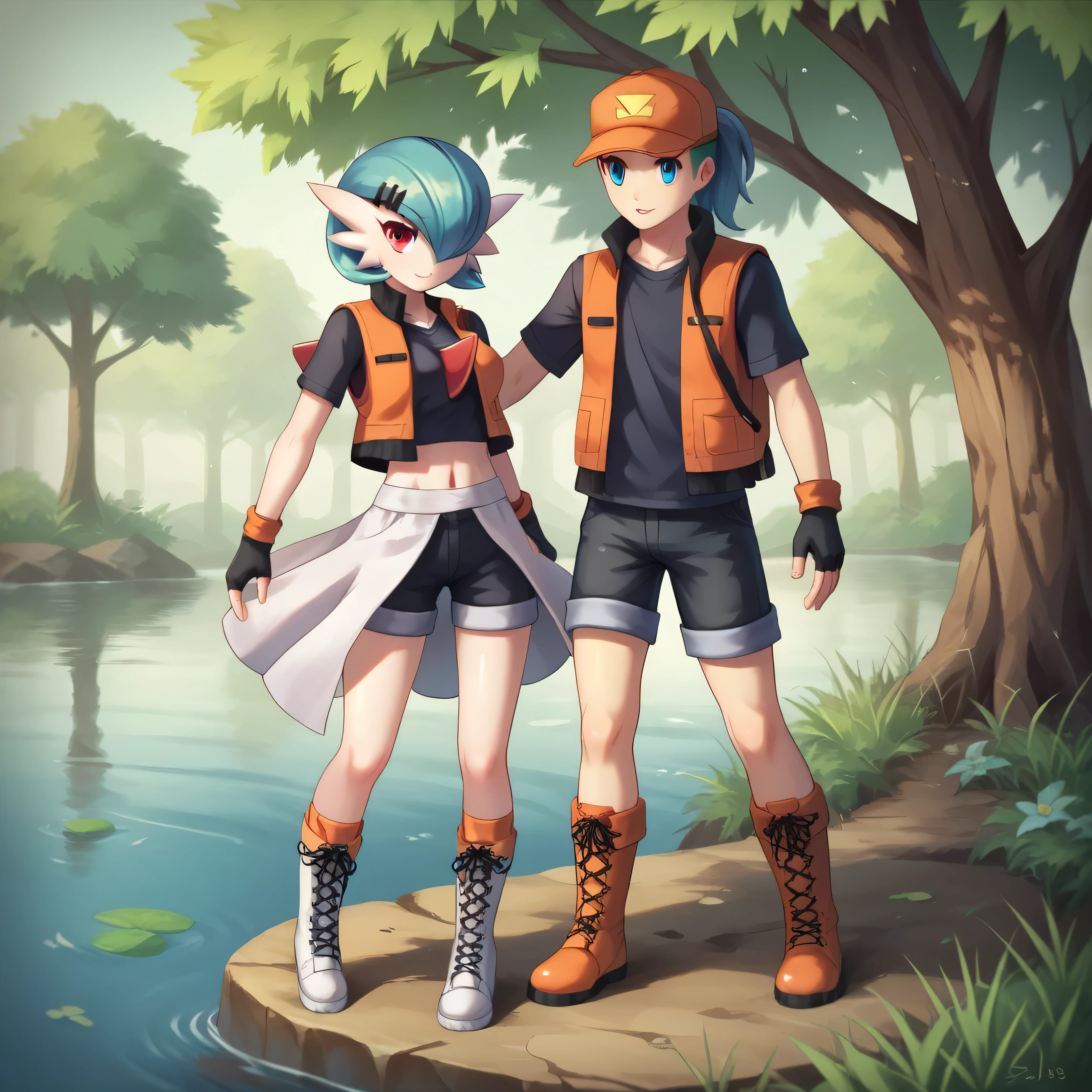 masterpiece, best quality, detailed eyes, detailed face, detailed skin, score_9, score_8_up, score_7_up, full body shot, gallade, male gallade, pokemonranger oras, female human, in front of lake, countryside background, couple, duo, red eyes, blue eyes, 1boy, ((head crest)), white body, 1girl, baseball cap, fingerless gloves, orange vest, black shirt, black shorts, boots,