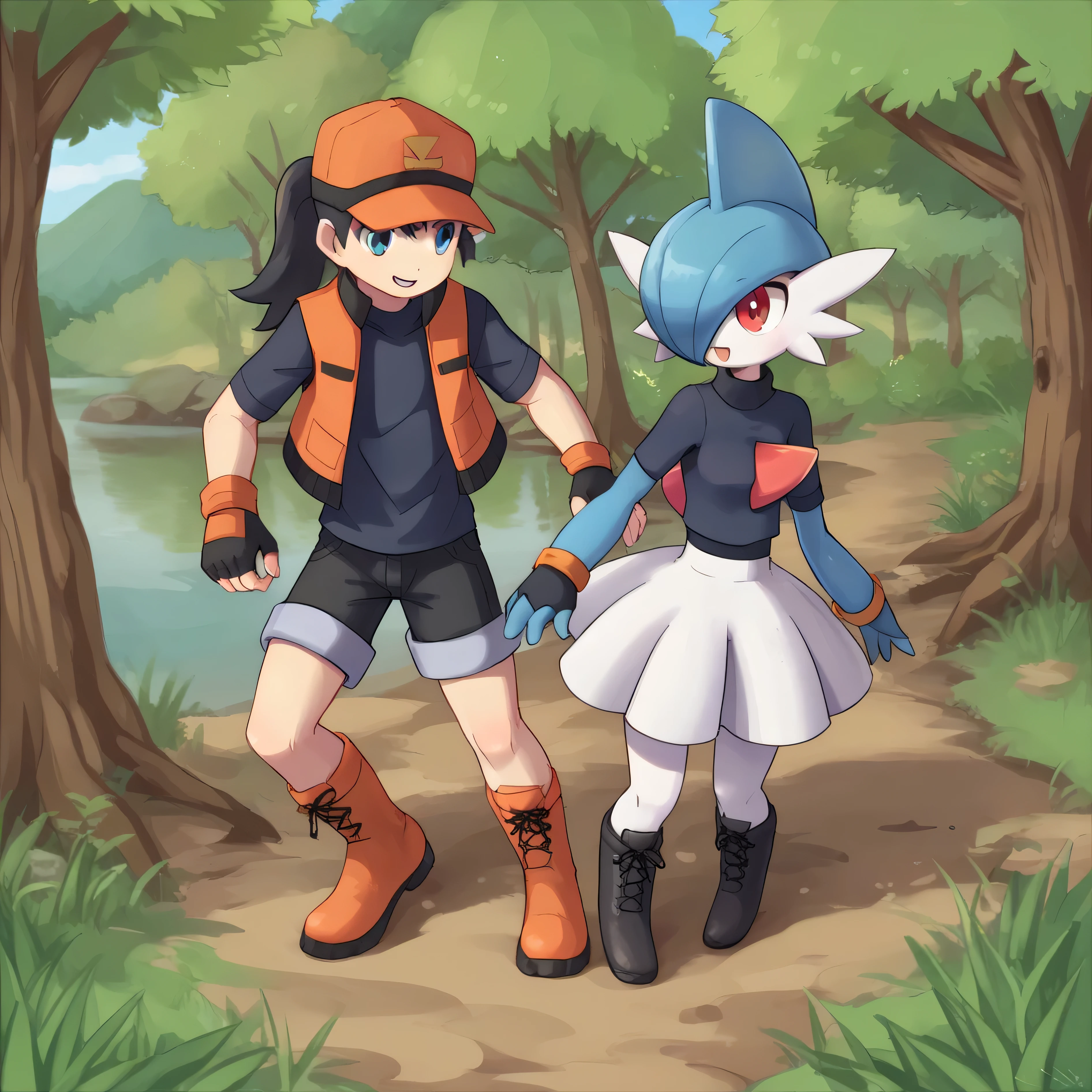 masterpiece, best quality, highly detailed, score_9, score_8_up, score_7_up, full body shot, gallade, pokemonranger oras, feral, in front of lake, countryside background, couple, duo, red eyes, blue eyes, 1boy, head crest, white body, 1girl, baseball cap, fingerless gloves, orange vest, black shirt, black shorts, boots,