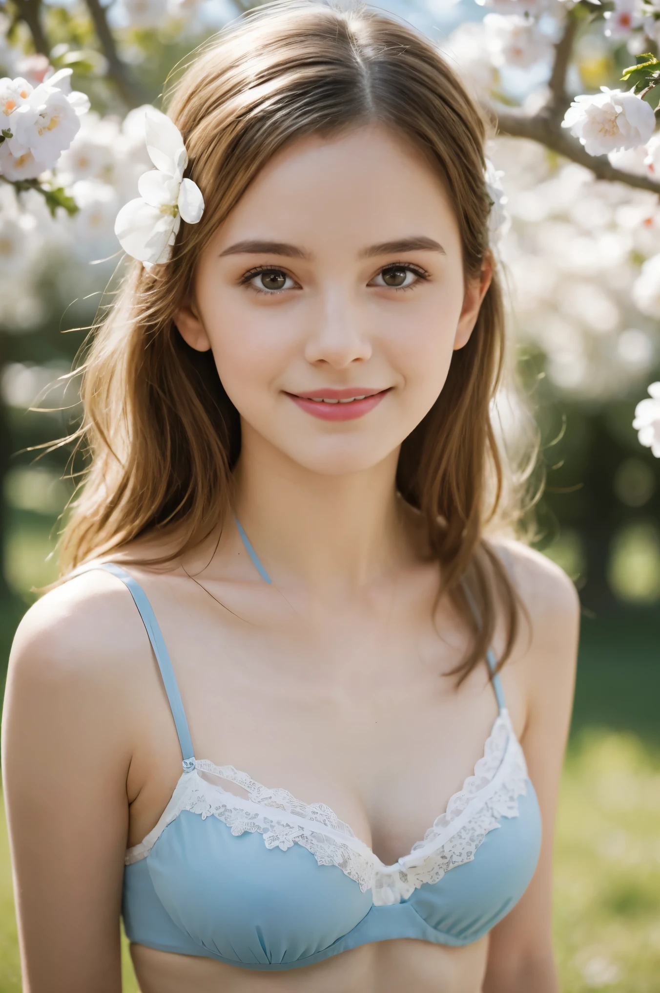 Masterpiece, Best quality, 8k, 18 ans, Photo brute, absurdes, Award-winning portrait, sourire, sourire, pure, Bavarian, elegant light blue dress, spring, orchard in bloom, laces, famous singer, cute, fit, healthy, lovely, posing, bride, lingerie, bikini