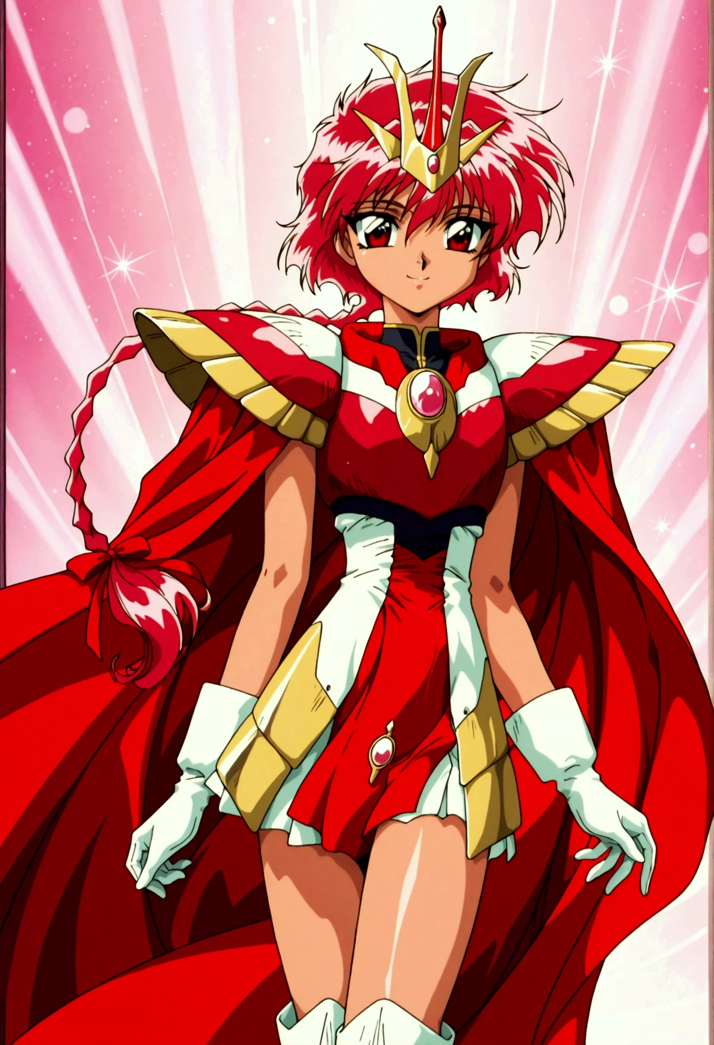 (masterpiece,highest quality,Super detailed,8k,High resolution,an extremely delicate and beautiful,Official Art,Perfect Anatomy:1.5),((1990s \(style\),90s anime,90s anime style,retro artstyle,Cel-shaded anime,anime screencap,anime coloring:1.25)),(solo:1.5),perfect face,beautiful,sexy,athletic body,shiny skin,(scale to fit the dimensions:1.2),
smile, AEHikaruFinal,red eyes,red hair,braided ponytail,hair between eyes,hair ribbon,long braid,long hair,single braid,armored dress,red armor,red cape,shoulder armor,white gloves,gem,gloves,kneeboots,