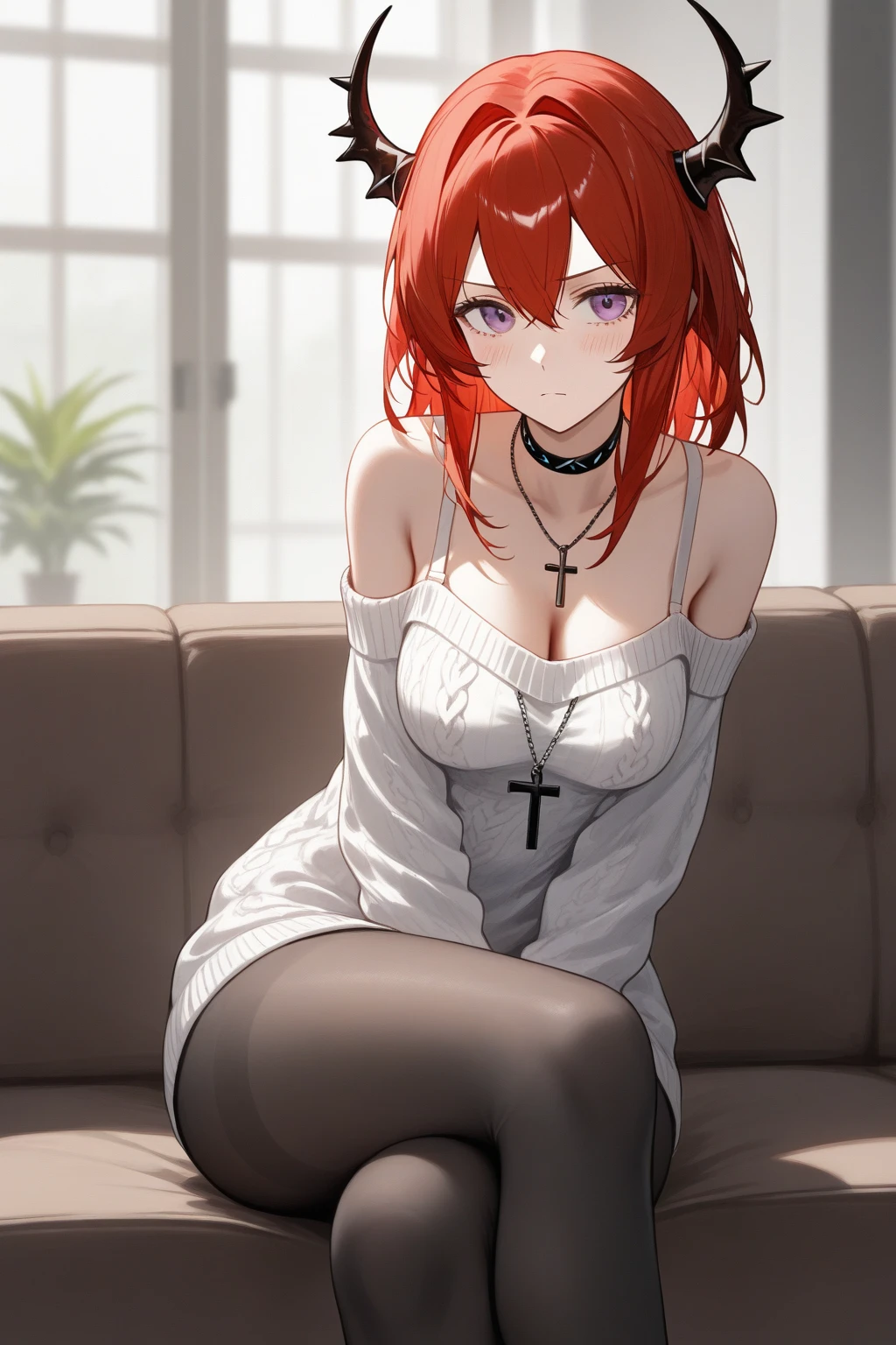 Sexy domminant redhead looking down at camera. Wet sock close to screen