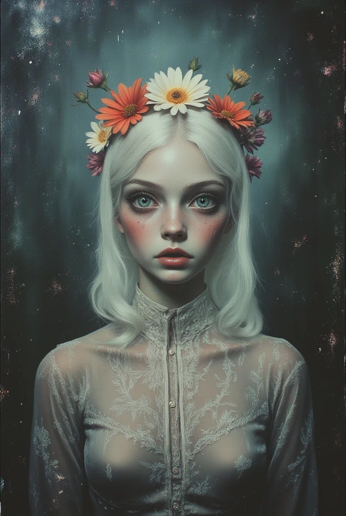 1fille, seulement, blanc_cheveux, tatouages, grotte, verdoyant, fleurs, Beau, idyllique, sublime, absurdes, Hyper-réalisme, Texturé, maximum_détail, Reflex numérique