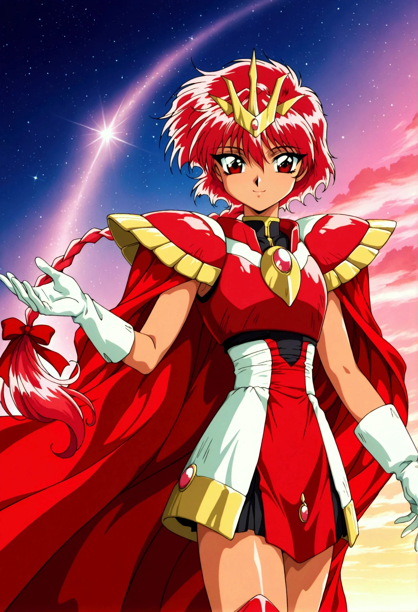 (masterpiece,highest quality,Super detailed,8k,High resolution,an extremely delicate and beautiful,Official Art,Perfect Anatomy:1.5),((1990s \(style\),90s anime,90s anime style,retro artstyle,Cel-shaded anime,anime screencap,anime coloring:1.25)),(solo:1.5),perfect face,beautiful,sexy,athletic body,shiny skin,(scale to fit the dimensions:1.2),
smile, AEHikaruFinal,red eyes,red hair,braided ponytail,hair between eyes,hair ribbon,long braid,long hair,single braid,armored dress,red armor,red cape,shoulder armor,white gloves,gem,gloves,kneeboots,