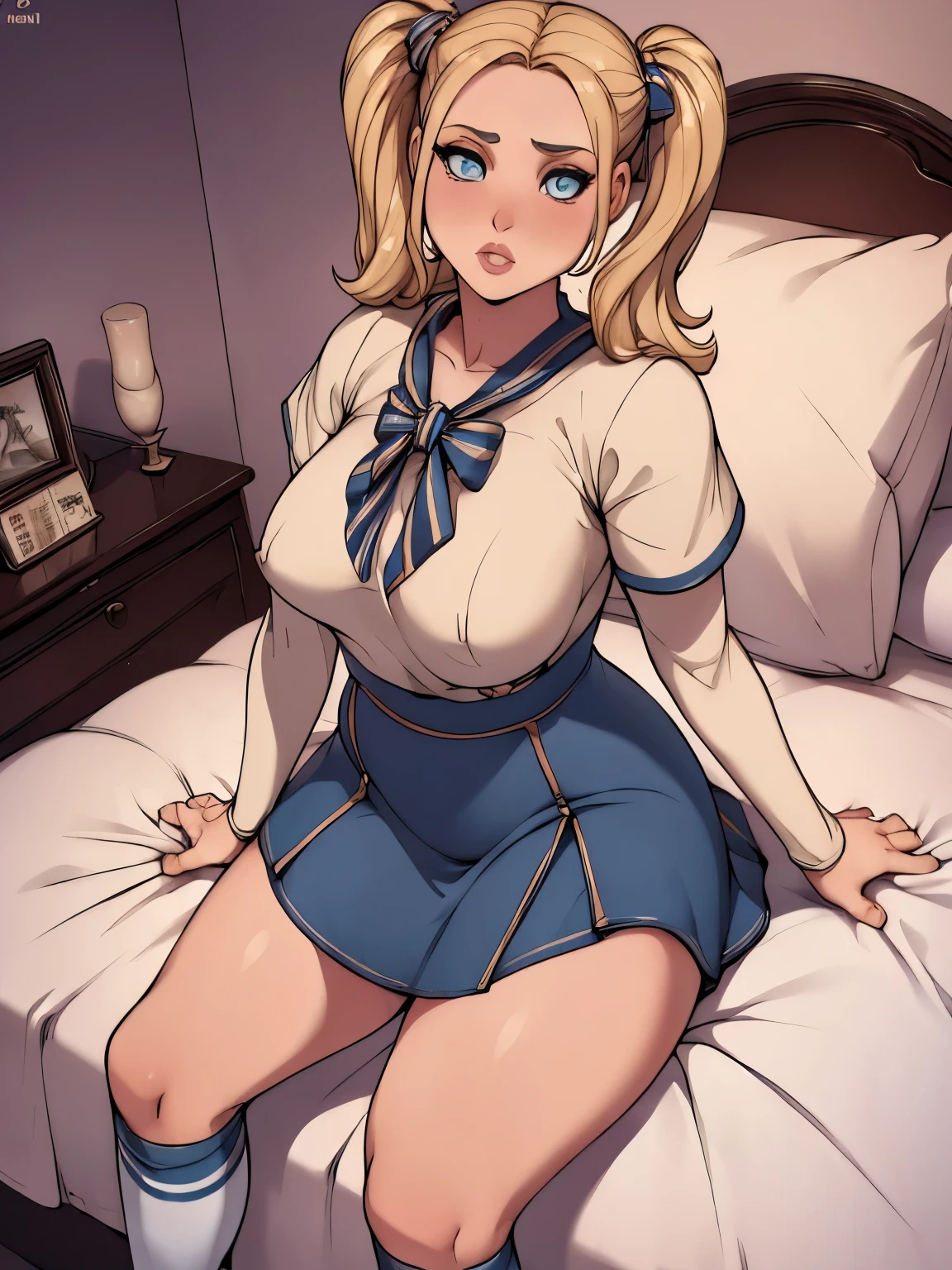 (best quality, high resolution, anime cels style:1.2), super pochaco, curvy, 1girl, beautiful face, (huge breasts:1.4), laying on bed, face down, ass up, (sleeping) sleeping in a skirt