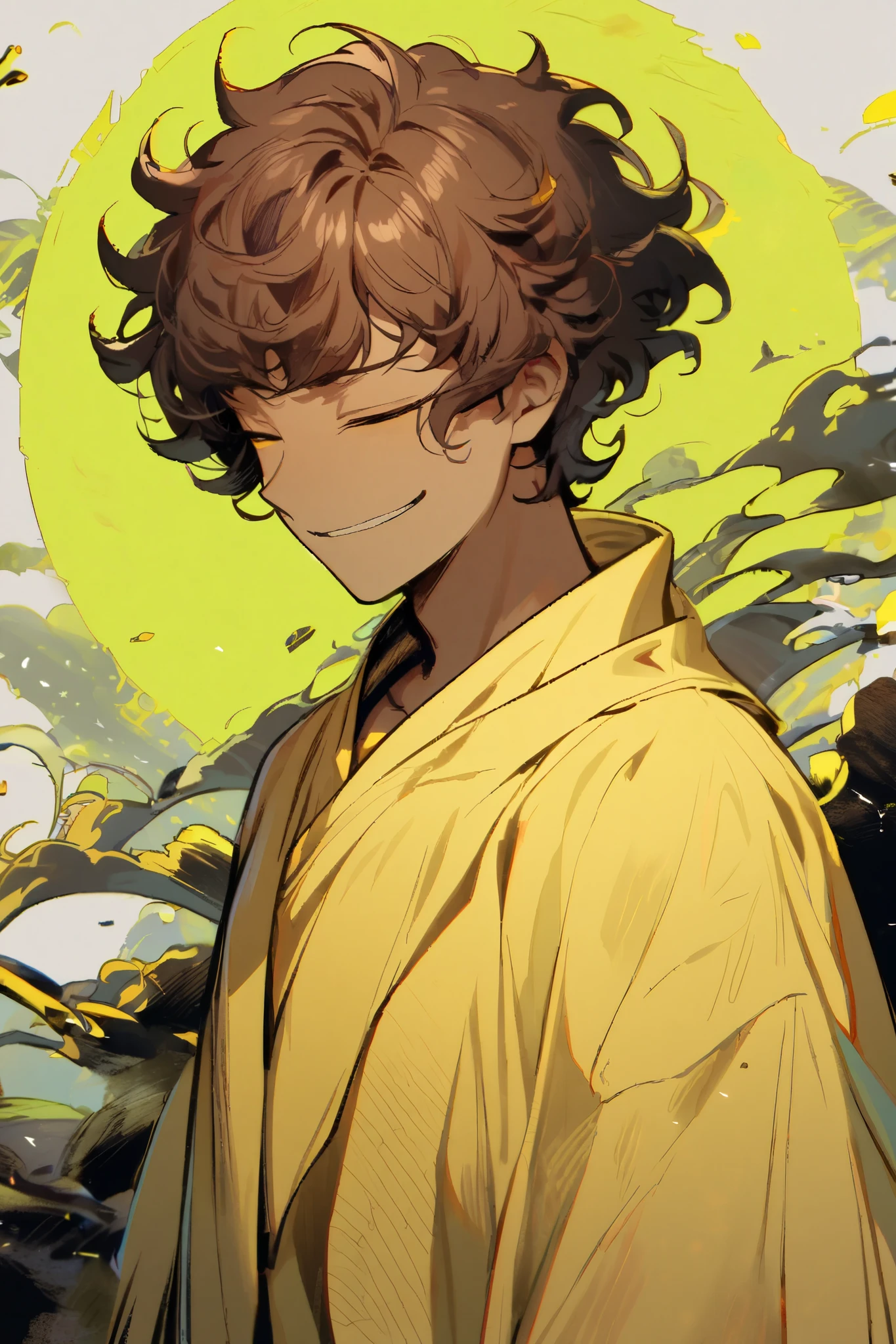 1boy, eerily boy, curly hair, brown hair, barely close eyes, yellow eyes, eerie smile, dull smile, yellow robes, tanned skin
