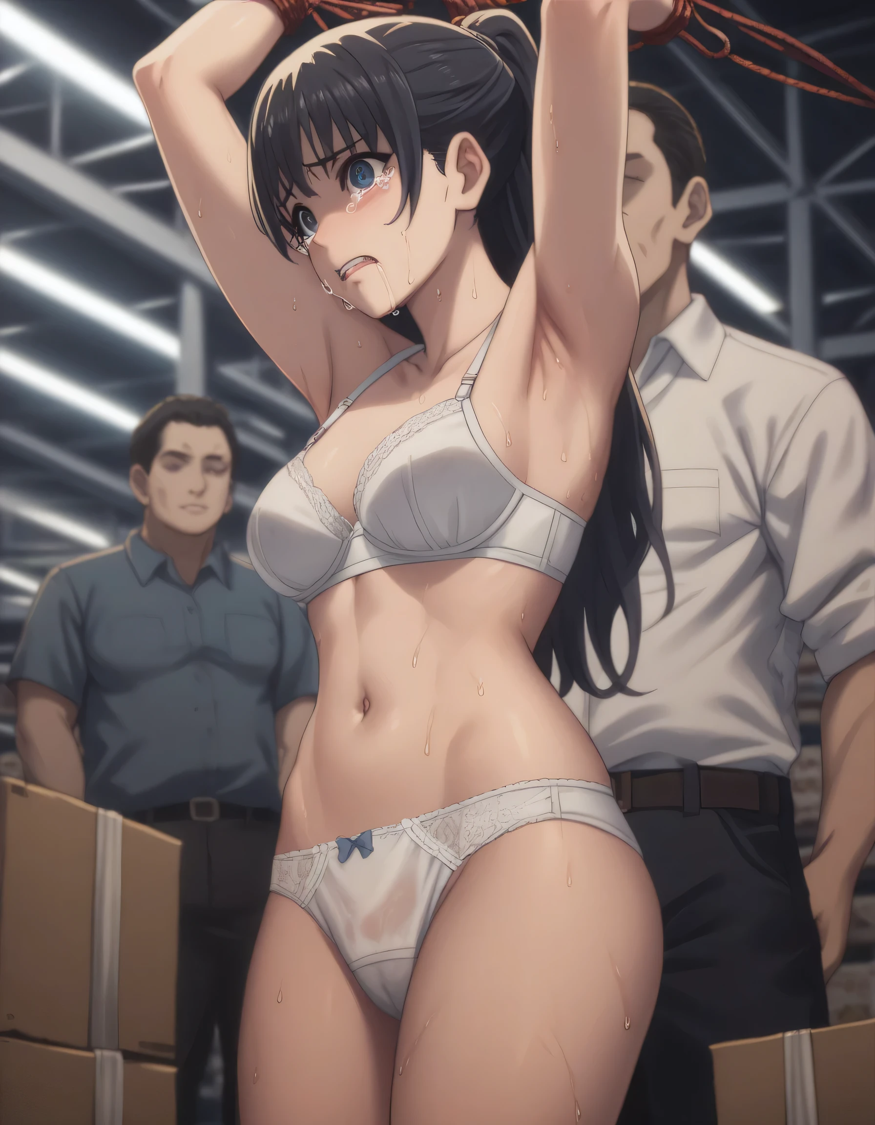 score_9, score_8_up, score_7_up, gsfghtr, ((long straight hair)), white blue plain bra, white blue plain panties, 1girl, crying, warehouse, sweaty, blue sky, bright, midday afternoon, tied, bondage, armpit licked by men, grobbed by men, wet panties