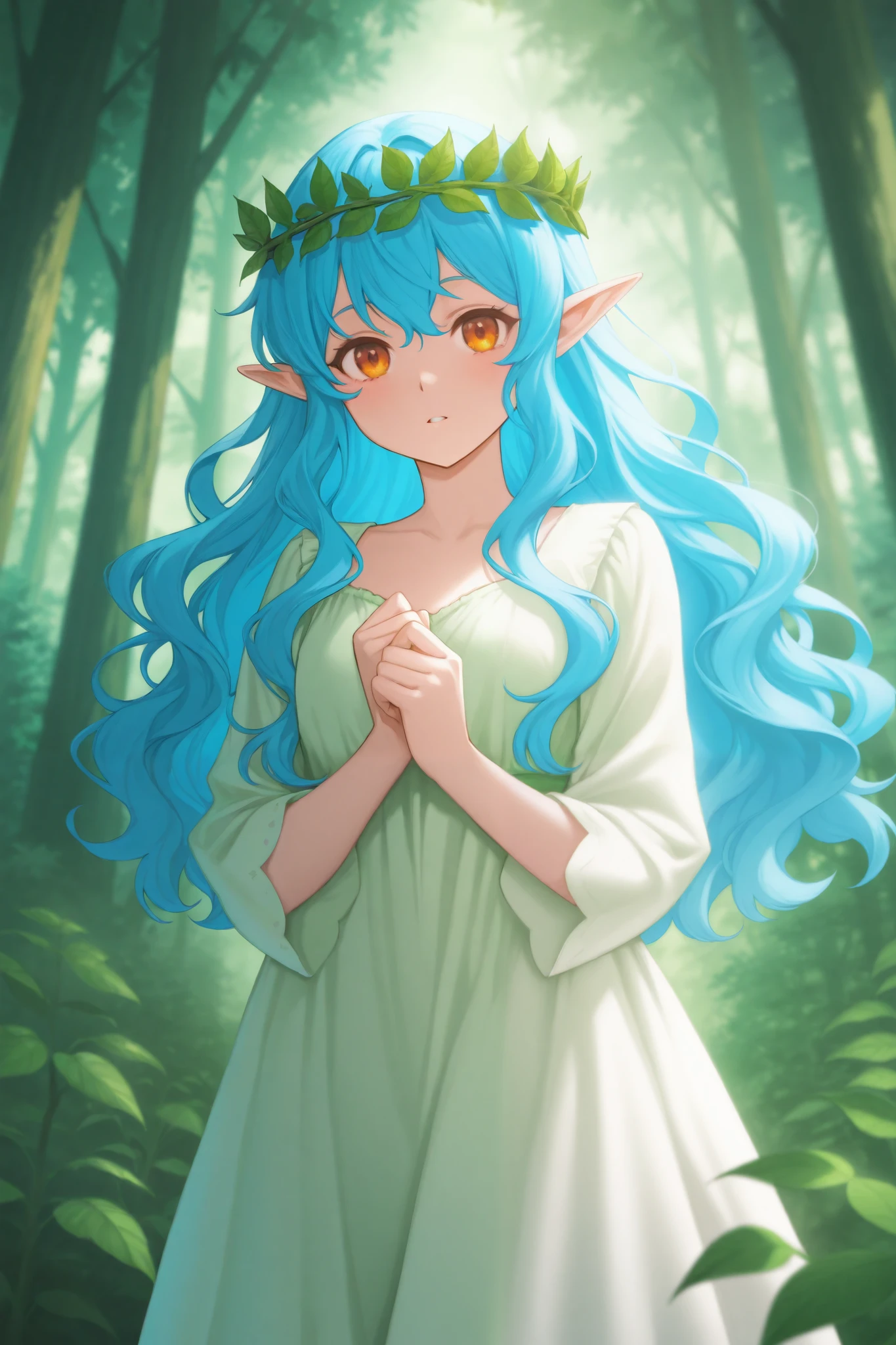 1 girl, , wavy hair , blue hair, Druid, forest bottom , nature, anime, light clothes with plants, leaf crown, elf ear, amber eyes, green dress with leaves