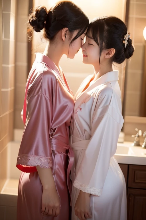 (high resolution, ultra-detailed, photorealistic), ((half body:1.4)) photo of sjang and her identical twin, standing, hugging, ((kissing:1.4)), realistic faces, (bedroom:1.2), romantic, soft lighting, vibrant colors