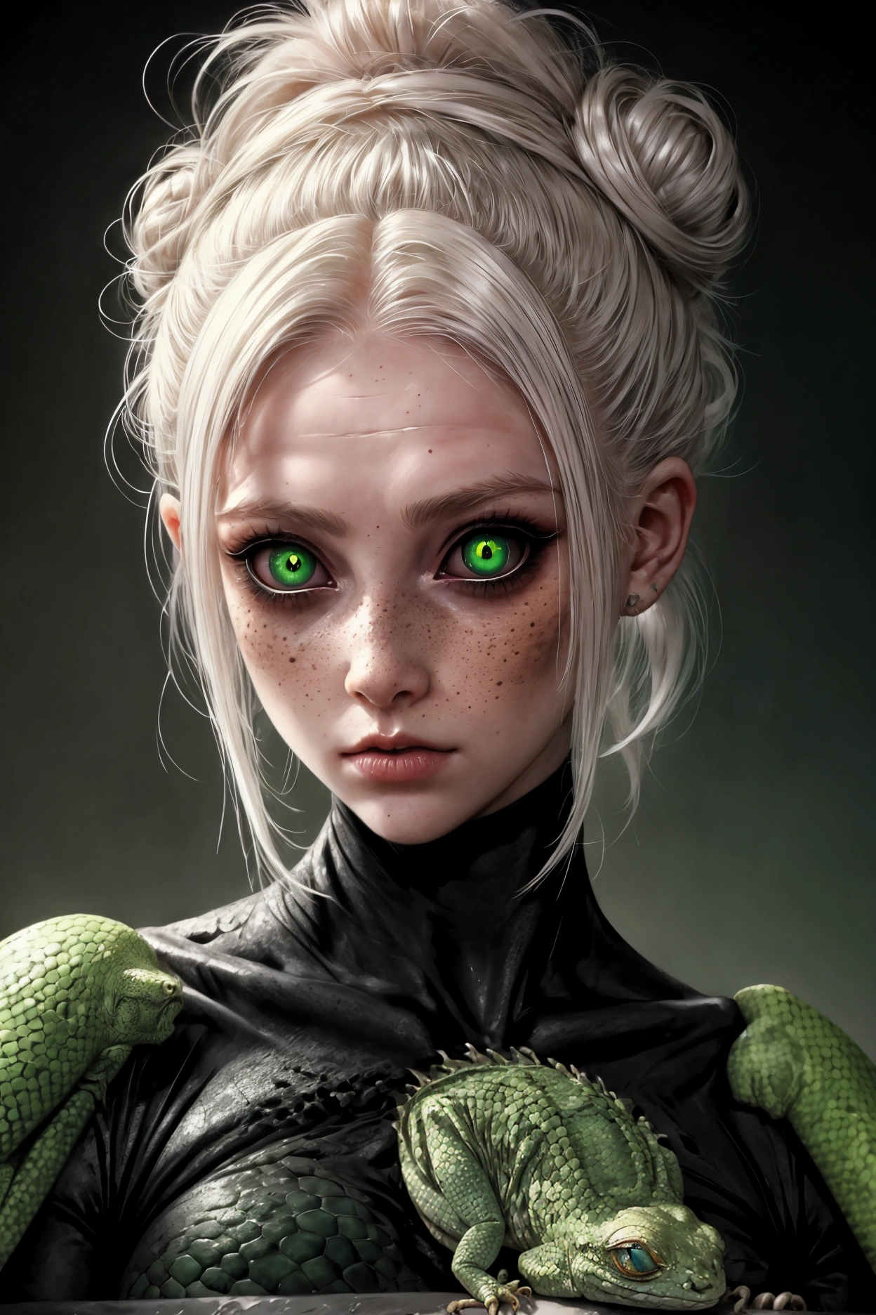 Create a hyper-detailed portrait of a young white female with platinum blonde hair styled in a messy bun. Eyes (full coverage green sclera with vertical black pupil, gecko eyes, reptile eyes). She has a pale, ethereal complexion and subtle freckles. The background is softly blurred to draw focus to her face, featuring a gradient of cool colors grean and orange. Use cinematic lighting to enhance the contrast and texture, with a gentle rim light outlining her messy bun. The overall style should feel otherworldly and artistic, with fine attention to detail in the textures of her skin, hair, and eyes.