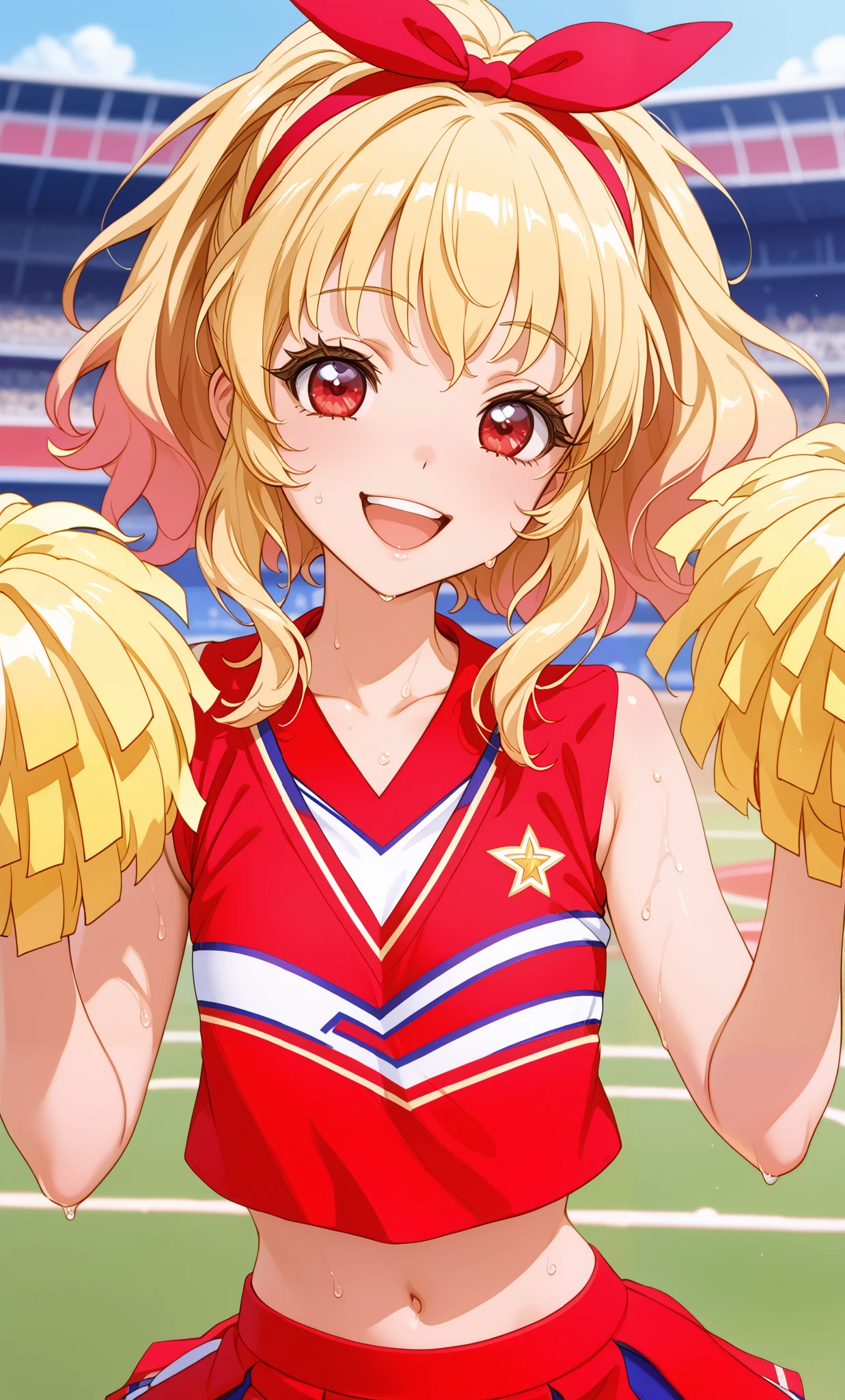 (Masterpiece, Top Quality, Super High Resolution), A Japanese Woman, (((Very Beautiful *********** Girl))), Cute Girl, Look at the Photographer, (()), very cute face, glossy lips, double eyelids, natural smile, natural makeup, long eyelashes, shiny and smooth hair, perfect limbs, perfect anatomy, (((shiny chia Leader uniform, cheerleader, cheerleader, tube top)))) Stadium,, wet with sweat, (((tube top)))((((open mouth smile, teeth)))),, hosimiya ichigo,Blonde,red eyes,(RED Ribbon on HAIRband:1.2)