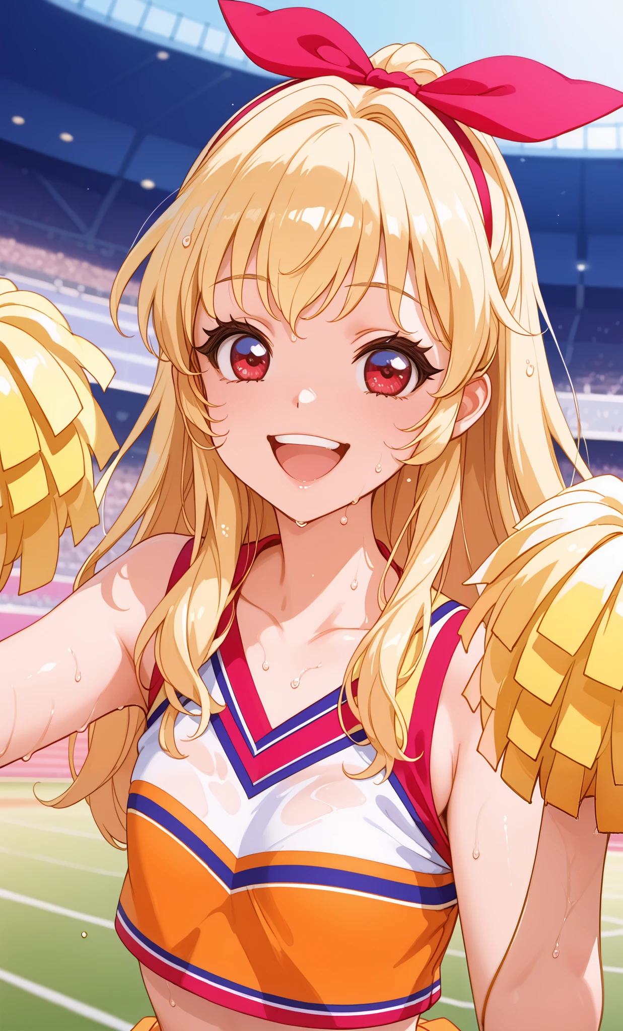 (Masterpiece, Top Quality, Super High Resolution), A Japanese Woman, (((Very Beautiful *********** Girl))), Cute Girl, Look at the Photographer, (()), very cute face, glossy lips, double eyelids, natural smile, natural makeup, long eyelashes, shiny and smooth hair, perfect limbs, perfect anatomy, (((shiny chia Leader uniform, cheerleader, cheerleader, tube top)))) Stadium,, wet with sweat, (((tube top)))((((open mouth smile, teeth)))),, hosimiya ichigo,Blonde,red eyes,(RED Ribbon on HAIRband:1.2)
