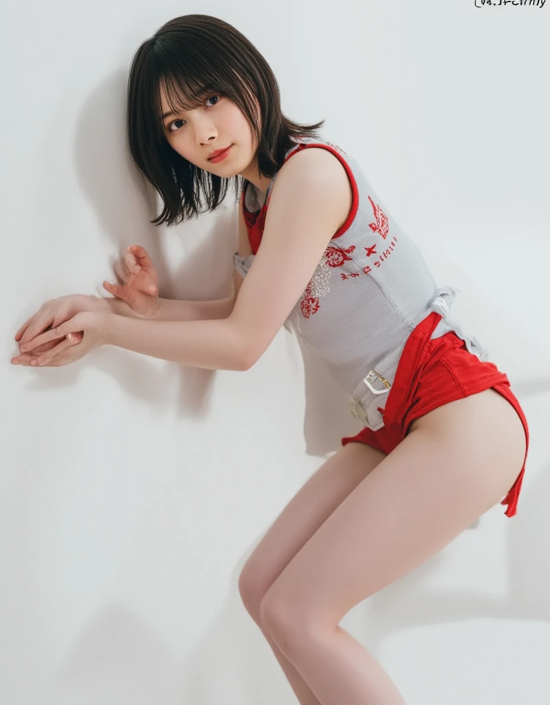 ((japanese mature)), ((55 years old:1.4)), (((Smile face:1.2))), ((old woman:1.3)), ((small breasts)), ((flat chests)), 1 girl, pussy, Japanese style room, Bright room, short hair, low ponytail, (nup, cheerleader:1.2), I can see her white panties, Sexy pose, ((red lipstick)),