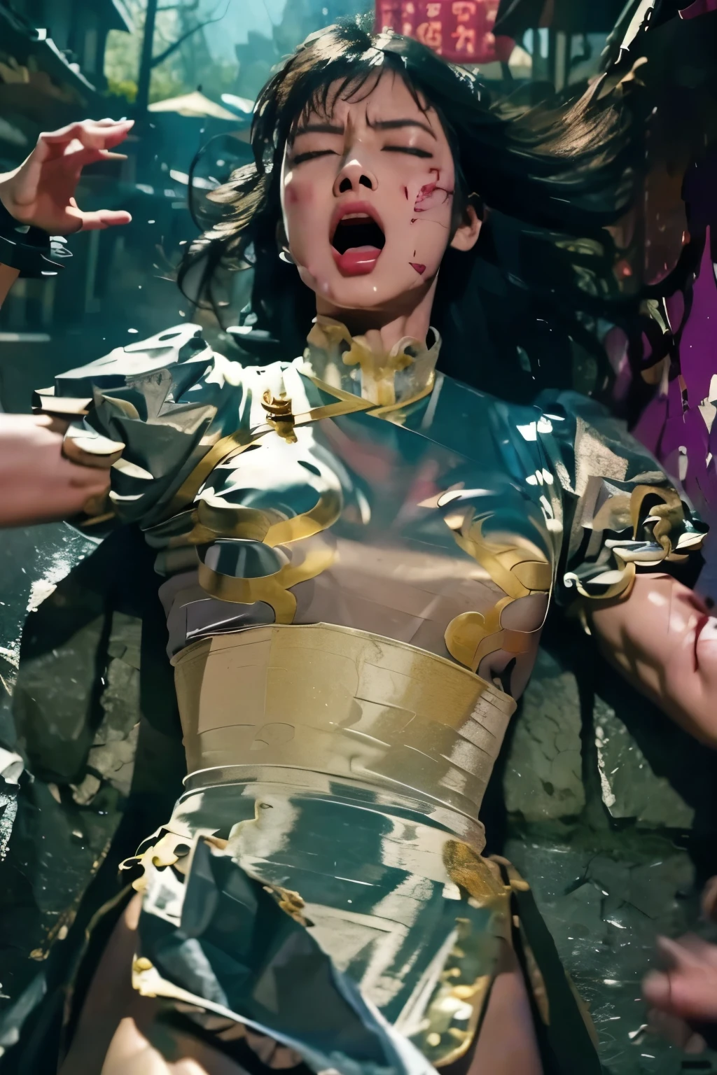 purple mass of dark energy ( Strong enemy's special move ) directly hits the abdomen 、 blows back , scream, eyes closed , Looks painful, Torn, Torn服, high resolution, Fatal injury, Silver Outfit, pelvic curtainがたくし上げられてレオタードが見えている, Masterpiece
