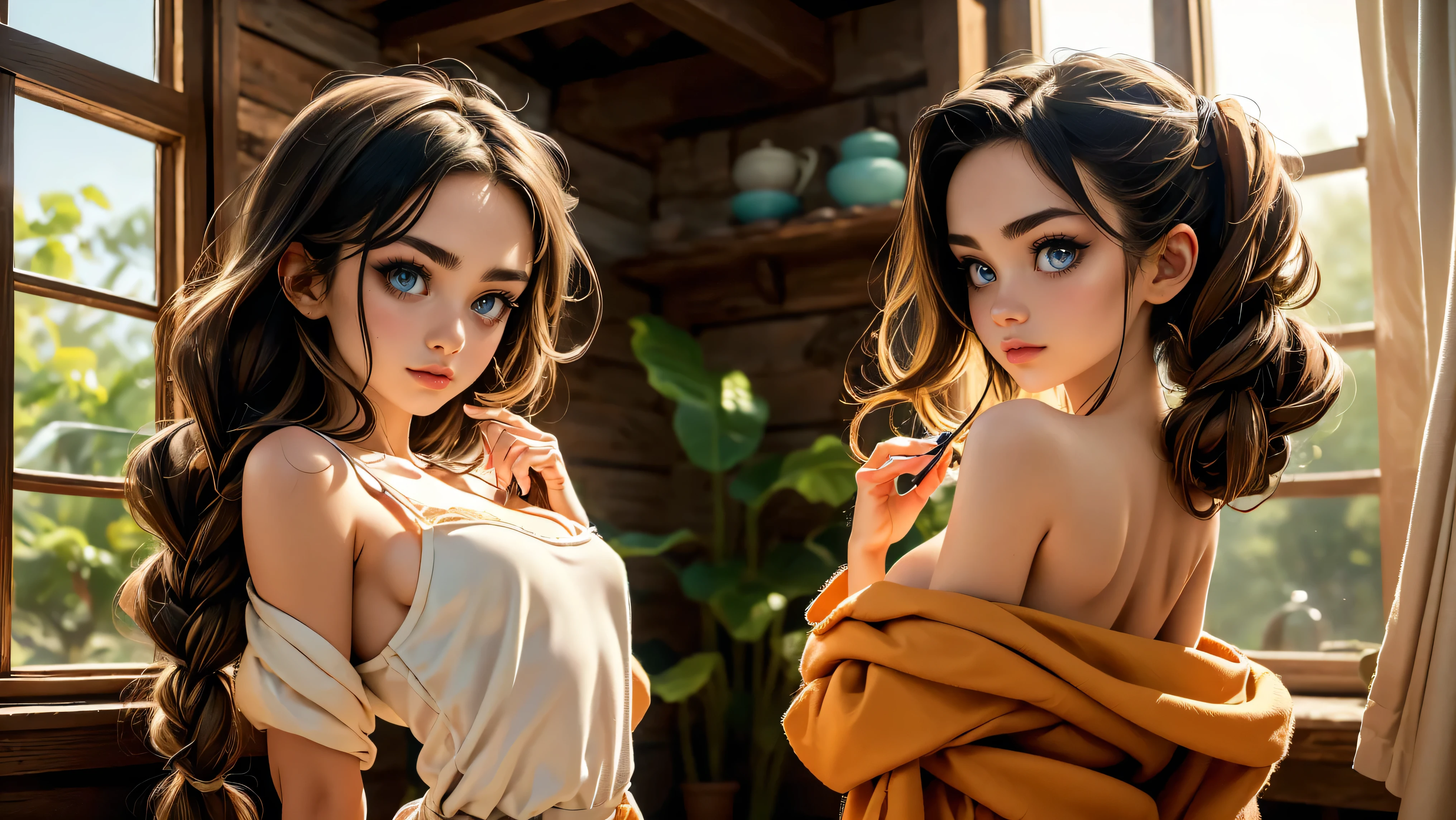 Masterpiece, Hi-detailed, best quality, 8K, (realistic:1.2), ((single girl, solo, only one girl)), standing, ((servant girl)), ((loli)), ((makeup)), ((long eyelashes, mascara, eyeliner)), ((girl standing looking out of the window)), ((welcoming you home, excited for you)), (wanting to embrace you), ((cute, young, yr)), (tall and lanky), (Skinny), (thin frame), (fit, body), (feminine body), (small braids in her hair), (small breasts, round breasts), ((peasant clothes)), ((extremely revealing)), cleavage, beautiful, perfect face, perfect body, large eyes, blue eyes, standing looking at a beautiful vista, Middle Ages, Fantasy,
