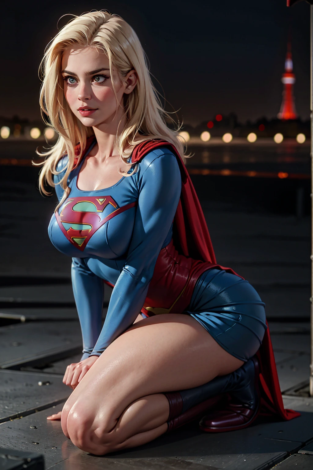 full body superheroine  Supergirl blonde long wavy hair blue eyes red mouth tall muscular body big round breasts broad shoulders blue metallic shiny tight leather pants, blue metallic shiny short plunging sleeveless tops blue boots dress 