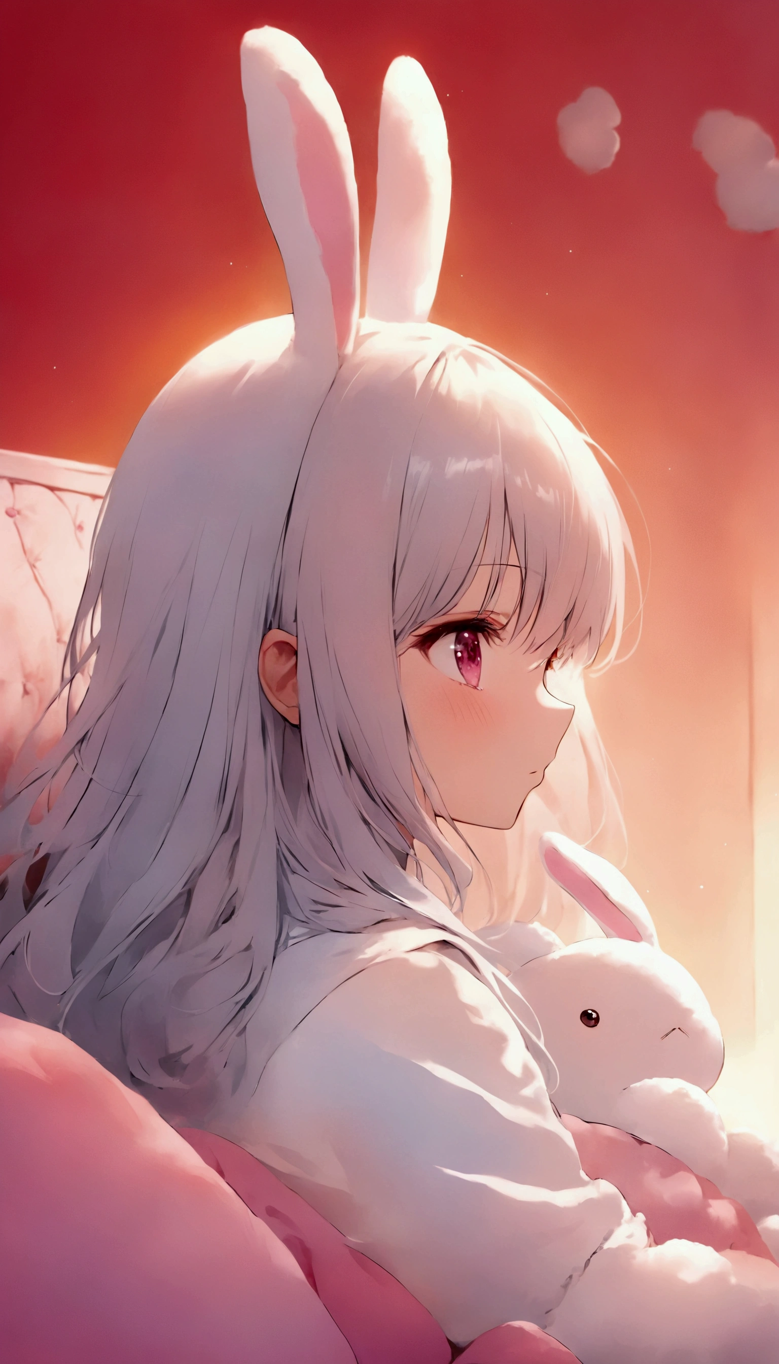 on bright red campus"yes" characters、 character depth , best quality , cute girl, bedroom, pastel color , Fluffy Bunny Ears, , long silvery hair , plush rabbit , bright lighting , Light Pink Eye 、Alone, One Girl, profile,Black Bob, profile, The background color is solid yellow, illustration