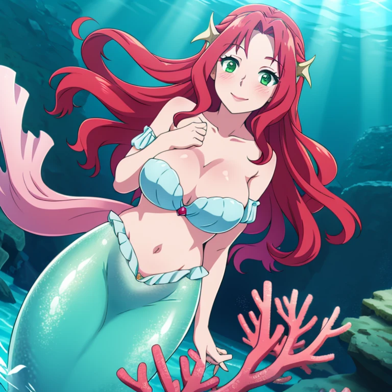 mermaid, underwater, red hair, green eyes, shy, large breasts, bra, sexy pose