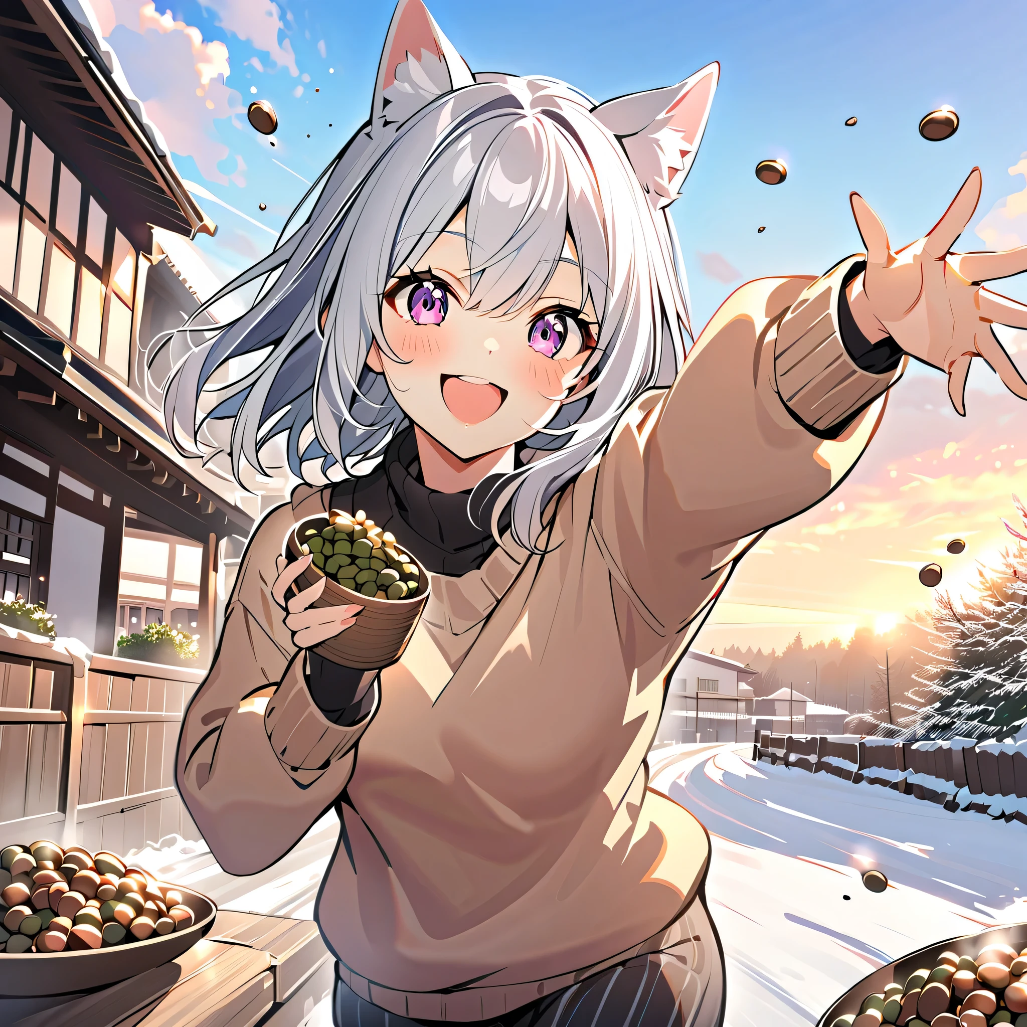 winter,smile, girl with dog ears throwing 10 beans, Silver Hair, White Ear, Setsubun, 10粒の豆を投げる, sweater