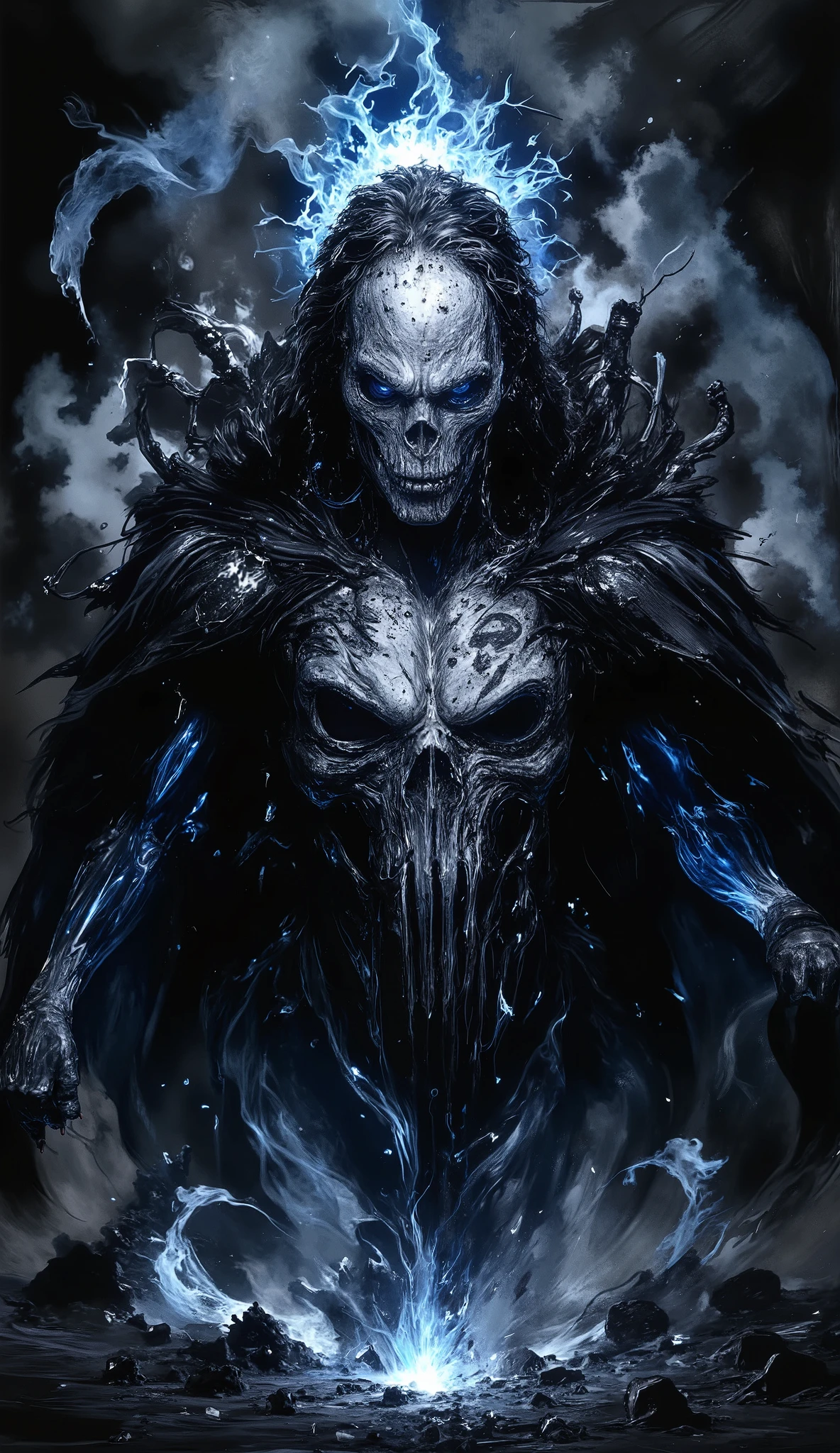(best quality, 128k,highres,masterpiece:1.2),ultra-detailed,(realistic,photorealistic,photo-realistic:1.37), ((masterpiece)) ((photography)) ((Highest quality)) A monstrous version of The Punisher, with a skull-shaped head in the style of Ghost Rider, emerges from the shadows. His face is a terrifying fusion of bone and fire, glowing ominously. He wears a futuristic, heavily armored suit, sleek and dark, with glowing blue accents. The iconic Punisher symbol is painted in bold, striking white across his chest, extending across the entire front of the armor. The atmosphere is filled with tension and aggression, as this fearsome version of The Punisher exudes raw power, ready for battle in a world of chaos and destruction.