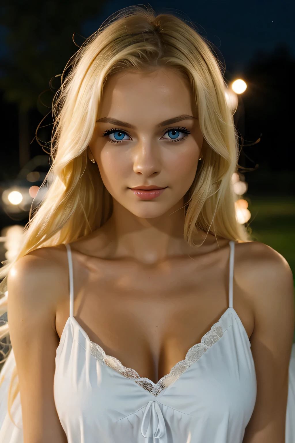 woman, Realistic character,coiffed blonde hair, White silk fabric belly pocket,Show the chest,Blue eyes, anime big breast, Alone, modern, Cyberpunk,Full body photo