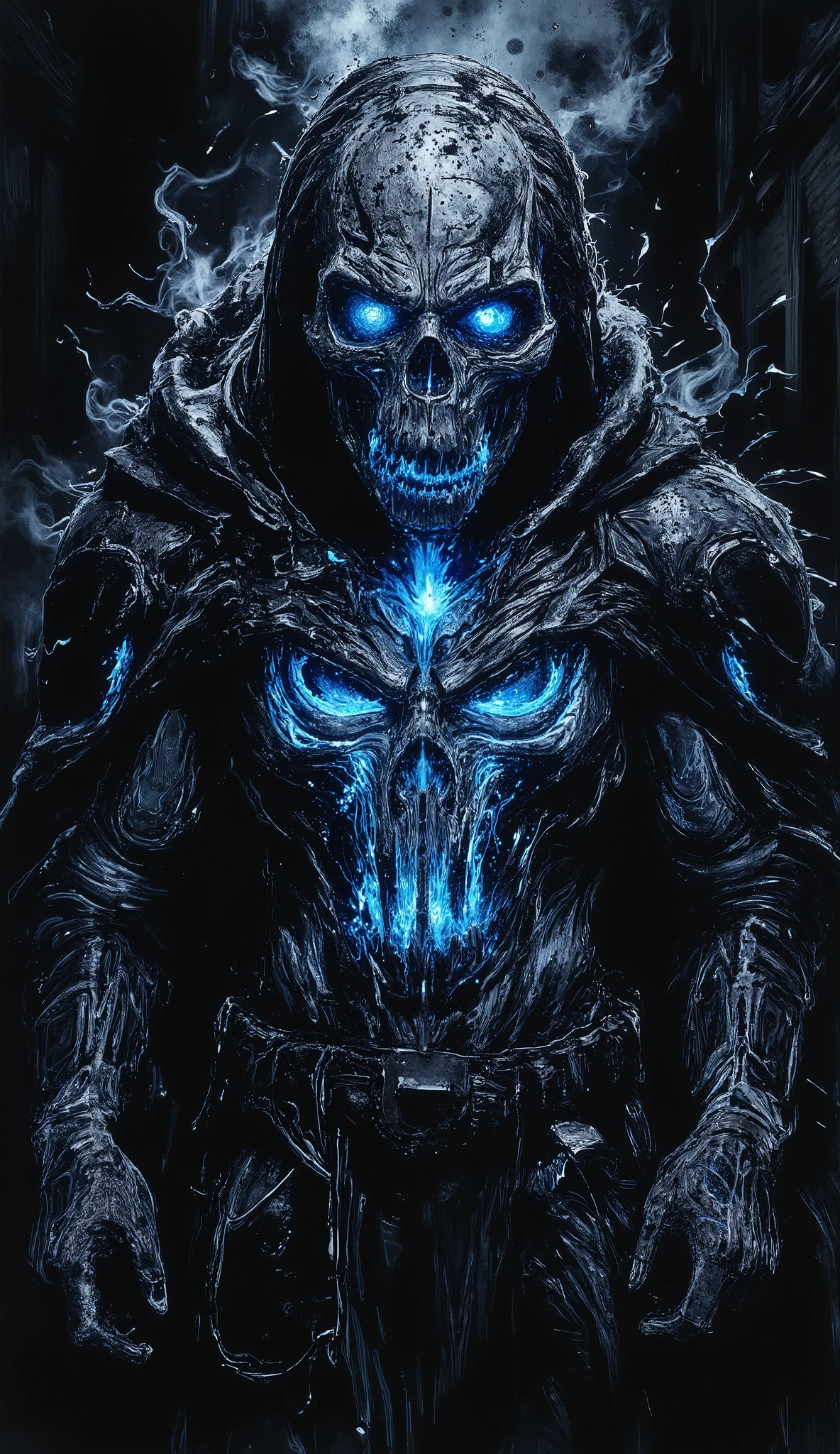 (best quality, 128k,highres,masterpiece:1.2),ultra-detailed,(realistic,photorealistic,photo-realistic:1.37), ((masterpiece)) ((photography)) ((Highest quality)) A monstrous version of The Punisher, with a skull-shaped head in the style of Ghost Rider, emerges from the shadows. His face is a terrifying fusion of bone and fire, glowing ominously. He wears a futuristic, heavily armored suit, sleek and dark, with glowing blue accents. The iconic Punisher symbol is painted in bold, striking white across his chest, extending across the entire front of the armor. The atmosphere is filled with tension and aggression, as this fearsome version of The Punisher exudes raw power, ready for battle in a world of chaos and destruction.