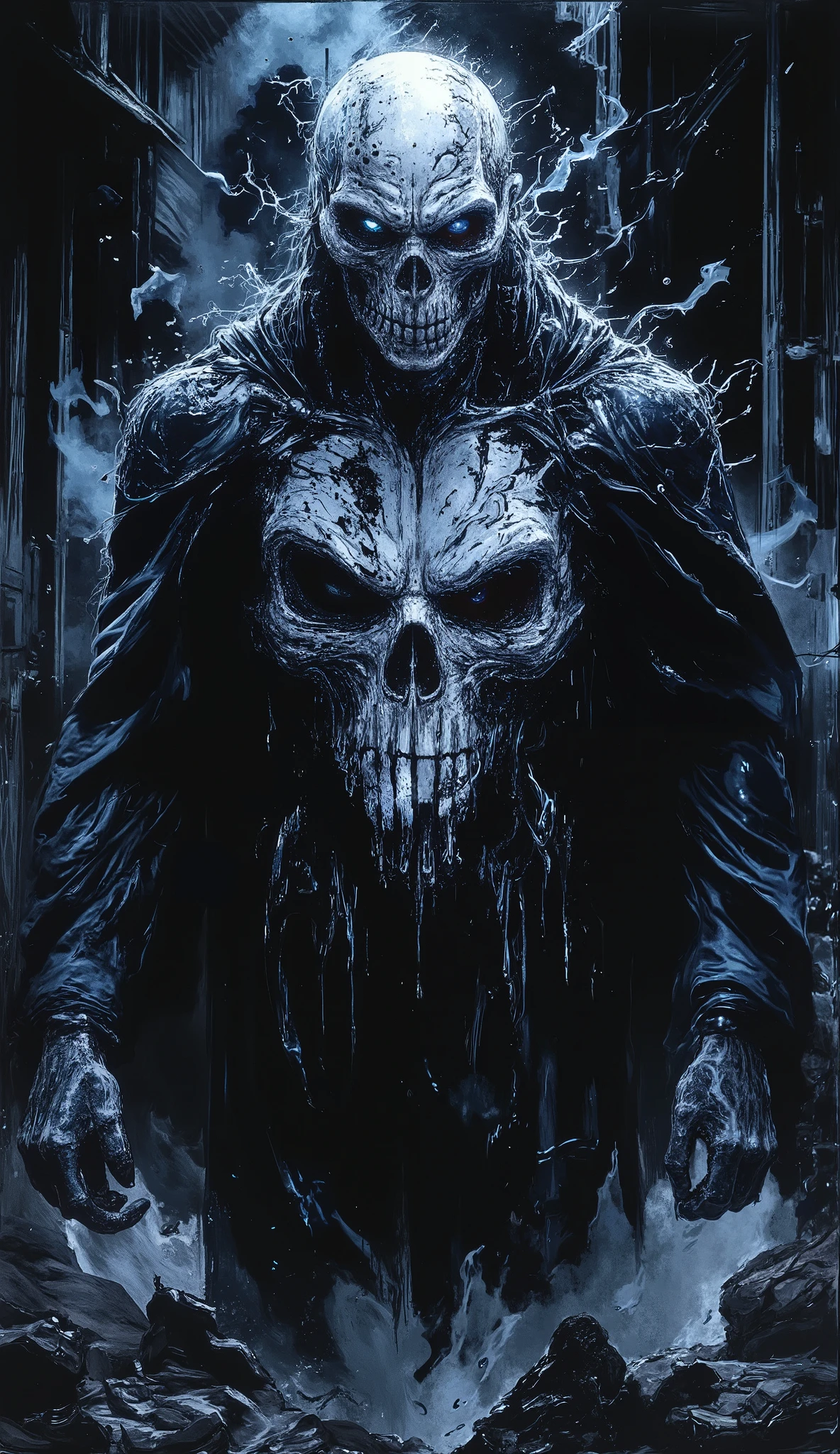 (best quality, 128k,highres,masterpiece:1.2),ultra-detailed,(realistic,photorealistic,photo-realistic:1.37), ((masterpiece)) ((photography)) ((Highest quality)) A monstrous version of The Punisher, with a skull-shaped head in the style of Ghost Rider, emerges from the shadows. His face is a terrifying fusion of bone and fire, glowing ominously. He wears a futuristic, heavily armored suit, sleek and dark, with glowing blue accents. The iconic Punisher symbol is painted in bold, striking white across his chest, extending across the entire front of the armor. The atmosphere is filled with tension and aggression, as this fearsome version of The Punisher exudes raw power, ready for battle in a world of chaos and destruction.