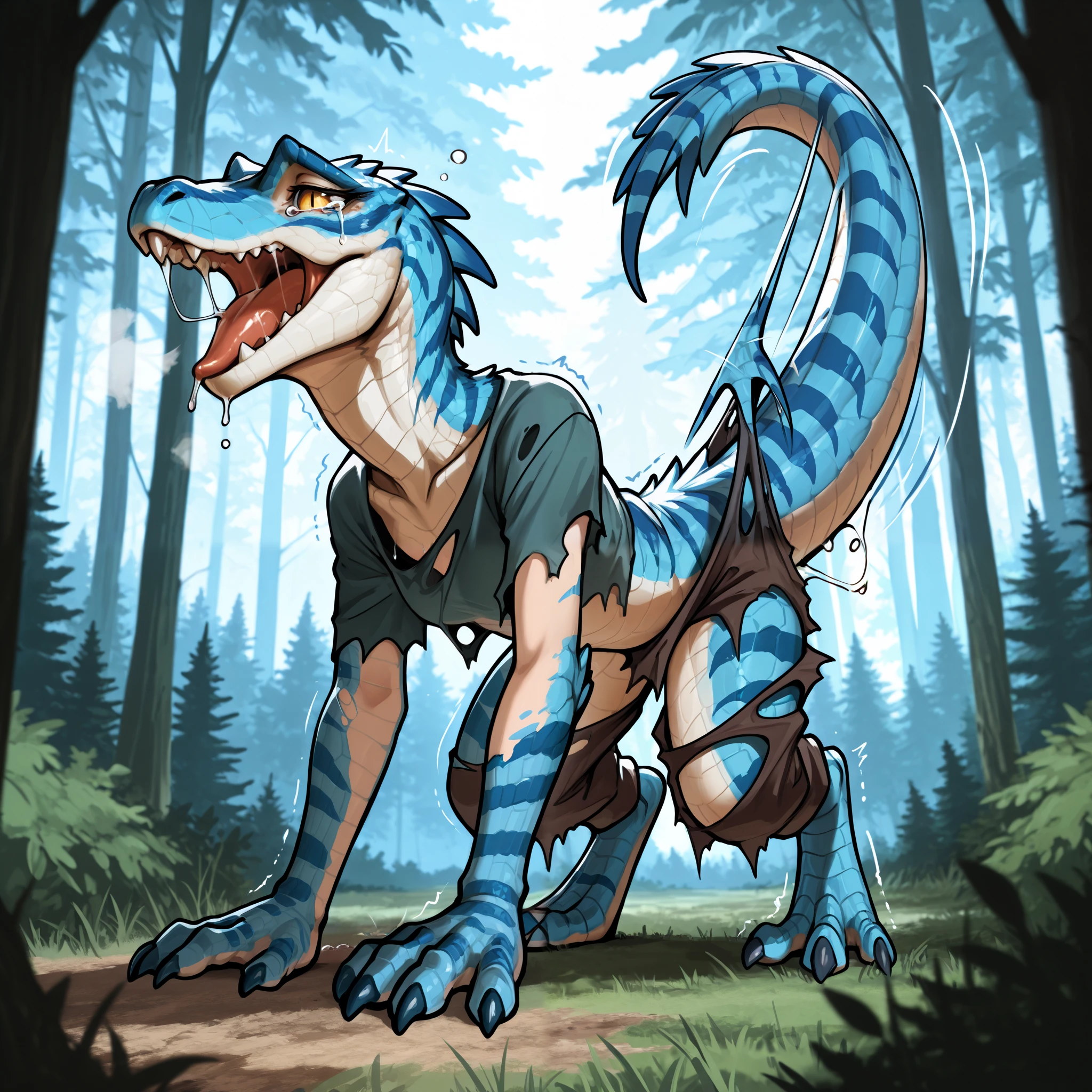 a female velociraptor wearing torn human clothes, post transformation, detailed gray scales, blue scales, drooling, standing, claws, , aroused, shivering, forest background, daylight, detailed claws, velociraptor feet, slit pupils,Tears, Heavy Breathing, Saliva, Sleepy, on all fours, tail ripping pants open