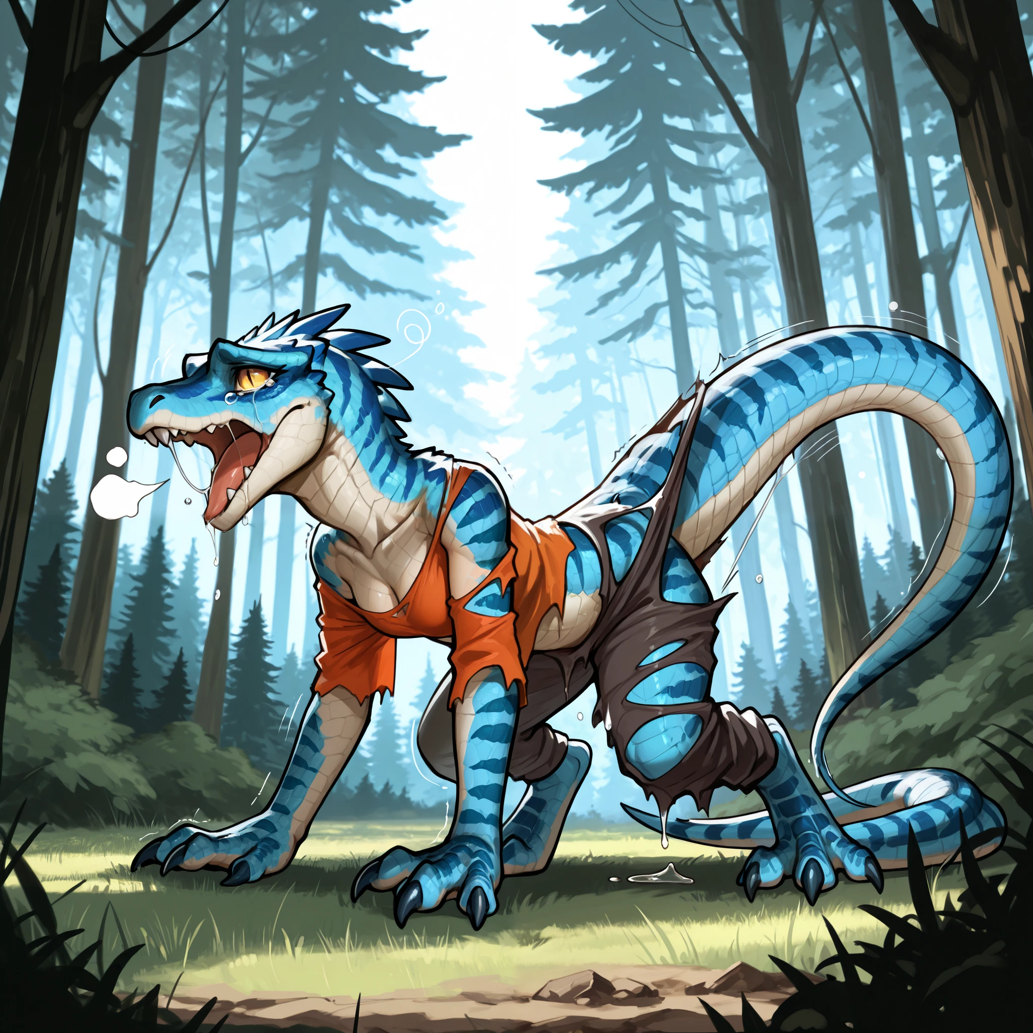 a female velociraptor wearing torn human clothes, post transformation, detailed gray scales, blue scales, drooling, standing, claws, , aroused, shivering, forest background, daylight, detailed claws, velociraptor feet, slit pupils,Tears, Heavy Breathing, Saliva, Sleepy, on all fours, tail ripping pants open