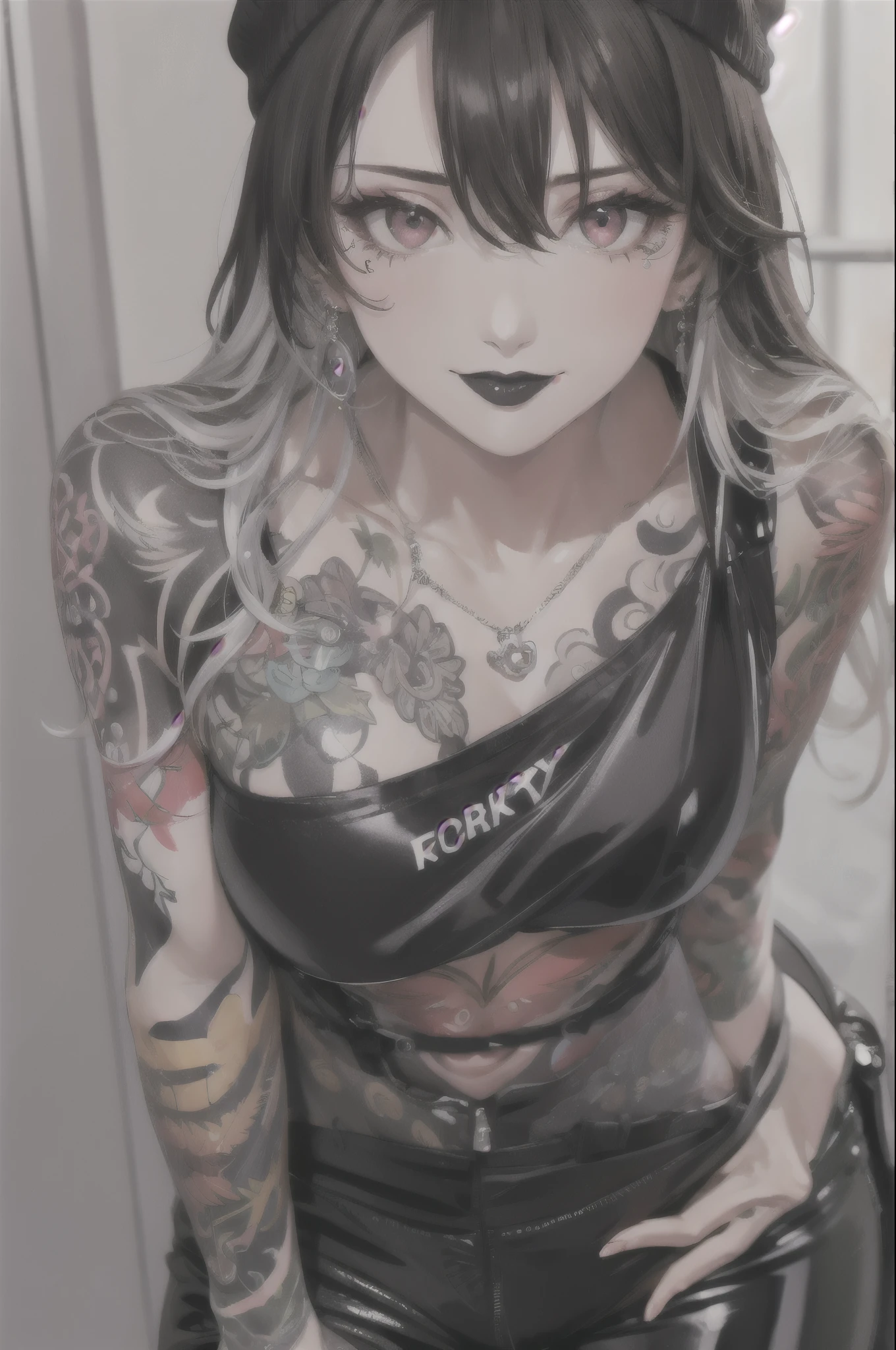 (masterpiece, best quality), perfect face, perfect eyes, perfect hands, expressive eyes, (ultra-detailed, 8k, cg, dynamic colors), BREAK beautiful tattooed girl in a loose black T-shirt and shiny black latex pants and a black beanie, shiny pants, (long black hair with silver highlights:1.2), (intense glowing red eyes:1.2), evil smile, (toned, defined muscles), makeup, mascara, black eyeshadow, (black lipstick:1.2), tattoos,