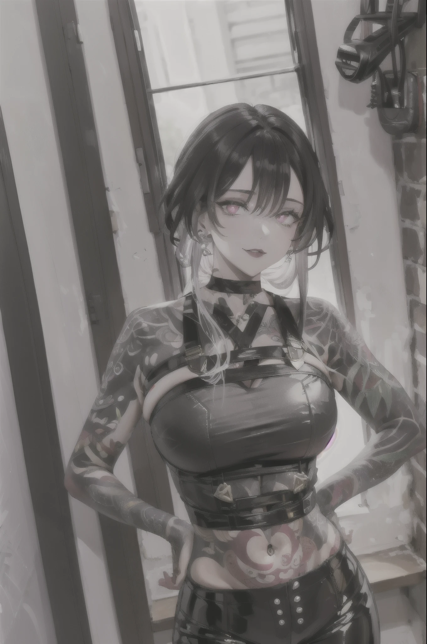 (((slingshot swimsuit ))),(gigantic cleavage breasts:1.5),(nakeness),(Solo),(White background)，Long black hair，Black colored eyes，Stand up，The right hand crosses the waist，，Super-heeled sandals，grin
