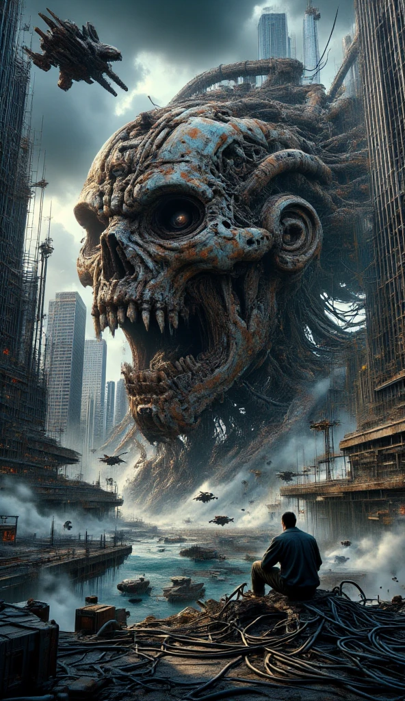 Huge pile of skulls in background of the post-war territory, concept of Desolation and Destruction
