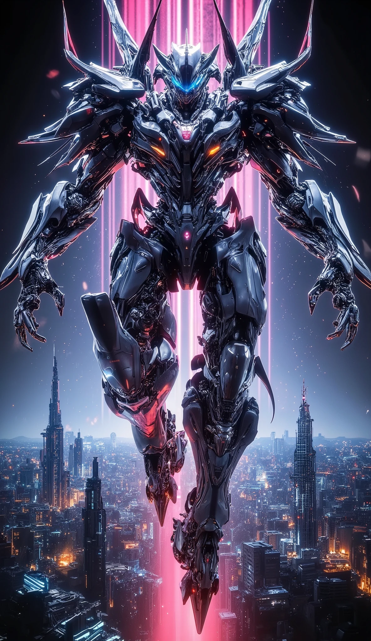 (Giant military robot, mechanical specs, dynamic action poses, flying above a futuristic cyberpunk city), First-person perspective, Exquisite mechanical details, Shiny chrome and neon lights, Dramatic dynamic action, Strong and menacing presence, Hi-tech cityscape background, Cinematic lighting, Vibrant color palette, Ultra-detailed, Award-winning digital art, Octane rendering, Cinematic composition, Unreal Engine, Concept art style