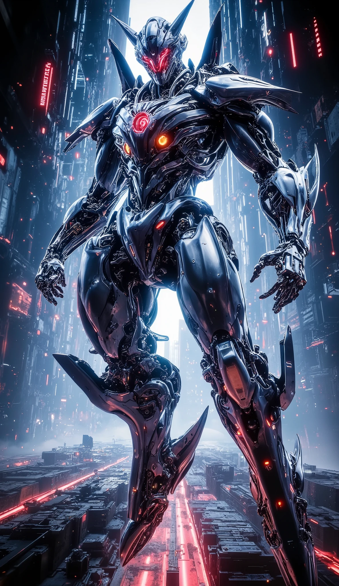 (Giant military robot, mechanical specs, dynamic action poses, flying above a futuristic cyberpunk city), First-person perspective, Exquisite mechanical details, Shiny chrome and neon lights, Dramatic dynamic action, Strong and menacing presence, Hi-tech cityscape background, Cinematic lighting, Vibrant color palette, Ultra-detailed, Award-winning digital art, Octane rendering, Cinematic composition, Unreal Engine, Concept art style