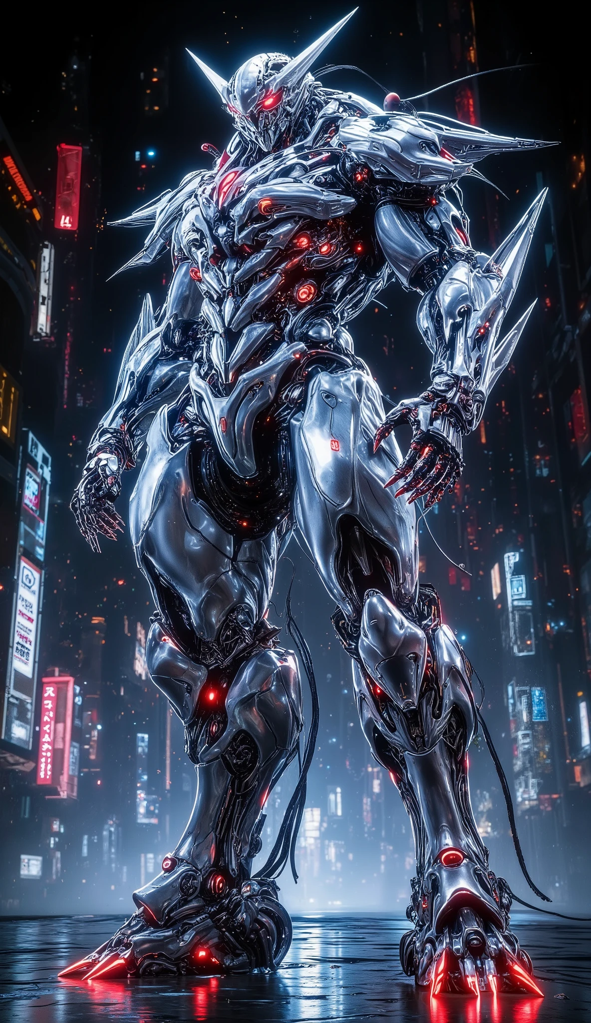 a colossal giant mecha robot, military spec, dynamic action posing, towering over a futuristic cyberpunk city, intricate mechanical details, gleaming chrome and neon lights, dramatic dynamic pose, powerful and intimidating presence, high-tech urban landscape in the background, cinematic lighting, vibrant color palette, hyper-detailed, award-winning digital art, octane render, cinematic composition, unreal engine, concept art style