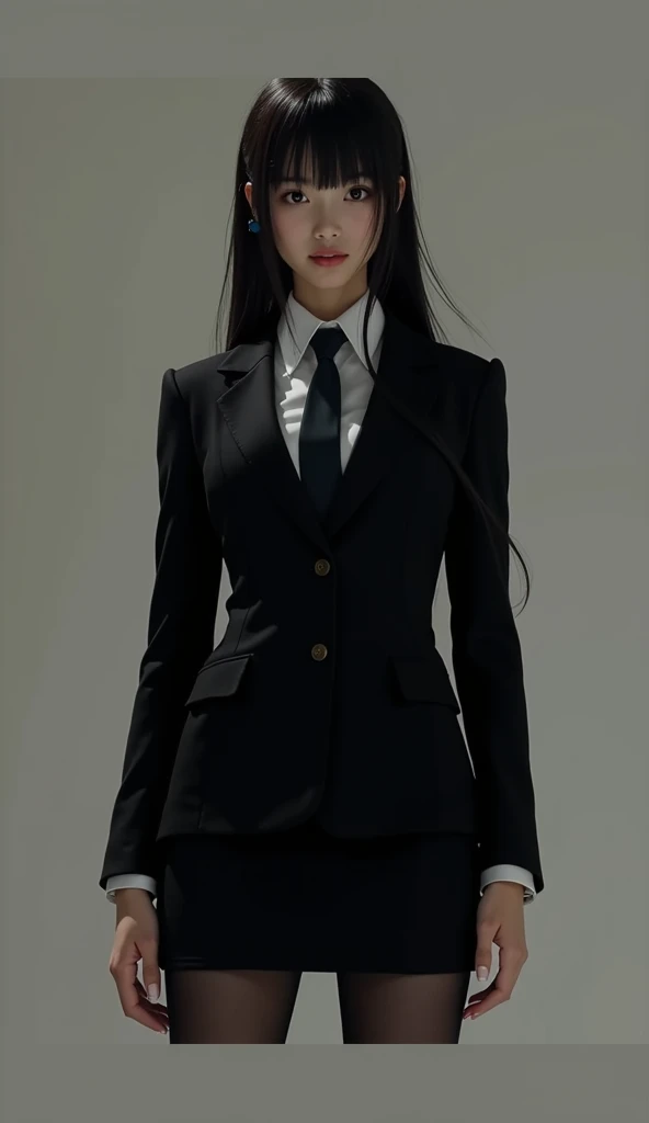 realistic, realism, photorealism, photo-realistic, high contrast, (photorealistic:1.4), 8k high definition detailed realistic, (best quality, Masterpiece:1.2), no, Photon mapping, Radiation, Physical rendering, best quality, Highly detailed, 1 girl, blue skin, Oh WM, long hair, business suit, (((Three-piece suit))), White dress, fashion suit jacket, vest, dark shirt, black silk necktie, Short, form-fitting skirt, The clothes are tight., fully dressed, red eyes,