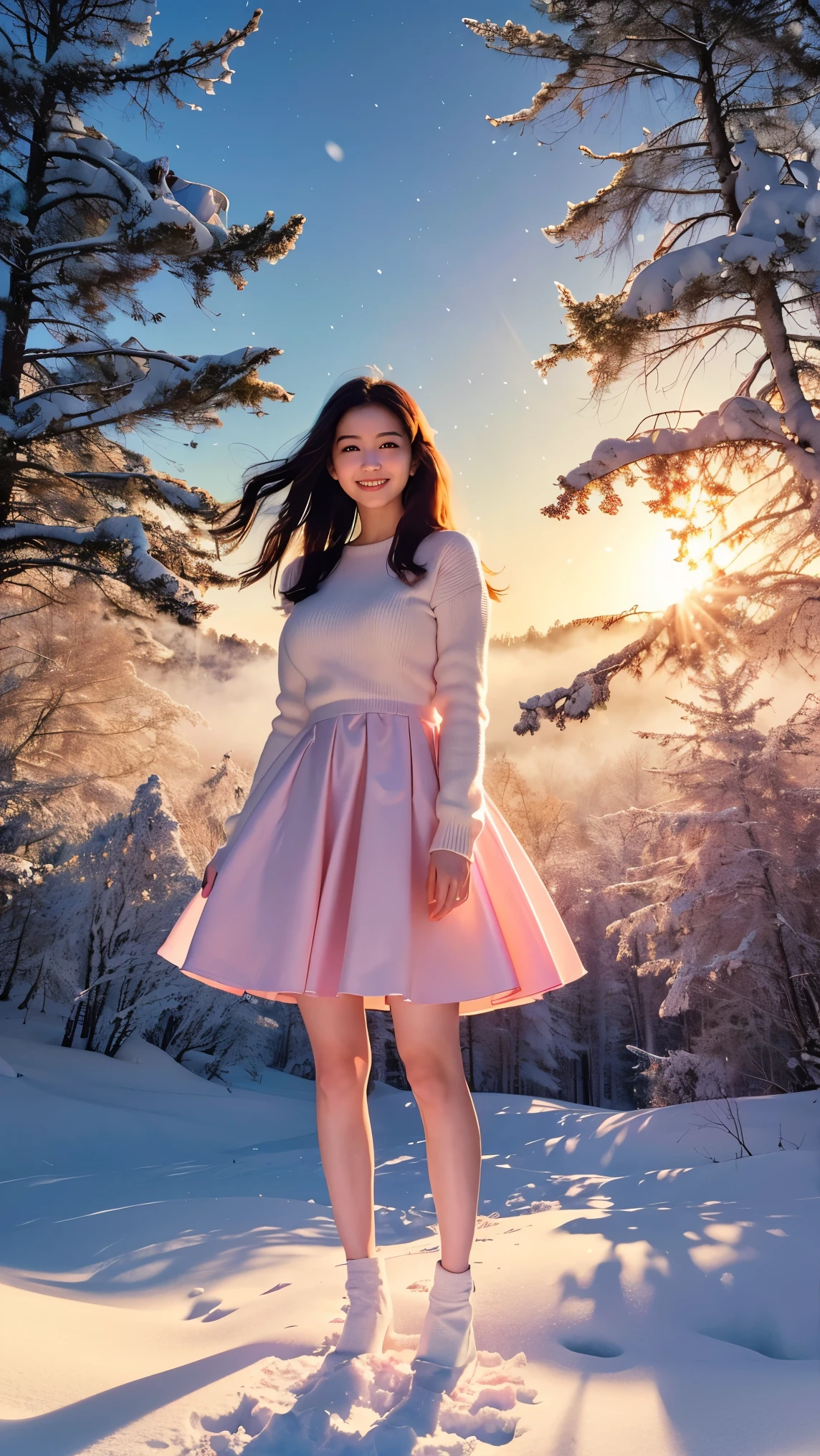 (highest quality、masterpiece、8k、best image quality、hyper realism、Award-winning work)、1 Girl、( girl:1.2)、(alone:1.3)、(1 photo:1.2)、(Very chunky fluffy short light pink knit sweater dress:1.2)、(Standing gracefully:1.2)、(in the snow covered forest:1.2)、(Mysterious and beautiful snow scenery:1.1)、(A lot of snow has fallen:1.2)、(Mysterious fog:1.1)、(A fantastic and romantic sunset:1.3)、epic movie lighting、(wood々Beautiful sunlight shining through:1.1)、(Tyndall effect:1.1)、(It's snowing heavily:1.2)、(Full body photo of a woman standing gracefully:1.3)、(emphasize body line:1.1)、(thick legs:1.3)、(glamorous body:1.4)、(big breasts:1.5)、( big ass:1.4)、(short:1.3)、(height: 140cm:1.3)、(Rear view:1.2)、(turn your butt towards me:1.1)、(butt is close:1.3)、(look back at me:1.1)、accurate anatomy、perfect makeup、long eyelashes、glossy lips、Ultra high definition glossy skin、(Ultra-high definition bright and beautiful skin:1.1)、ultra-high-definition glossy lips、Super high definition beautiful teeth
