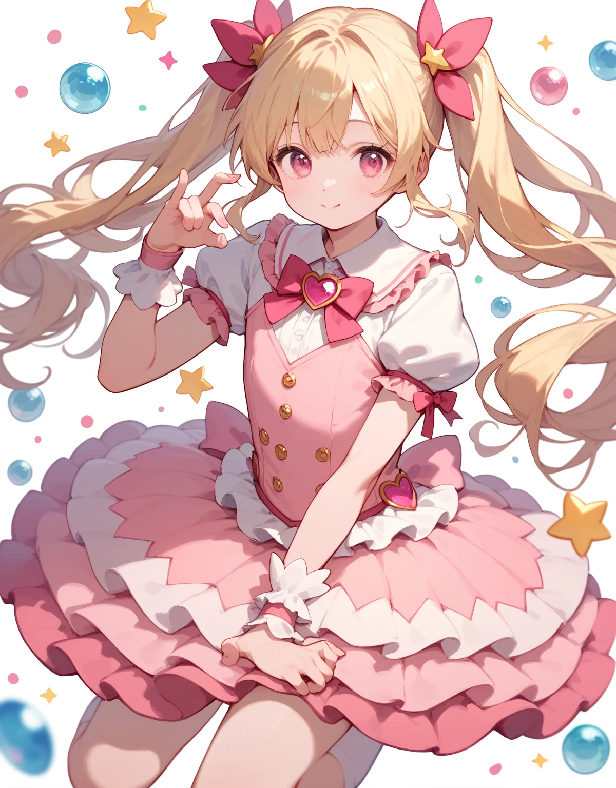 woman, 18-year-old, light blonde hair, Small pink inner color, braided pigtails, pink eyes, cute smile, Transparent white skin, Height: 152cm, wizard,A frilly outfit made from a modified white uniform., white pink clothing color, Practicing poison magic inside the magic school facility.