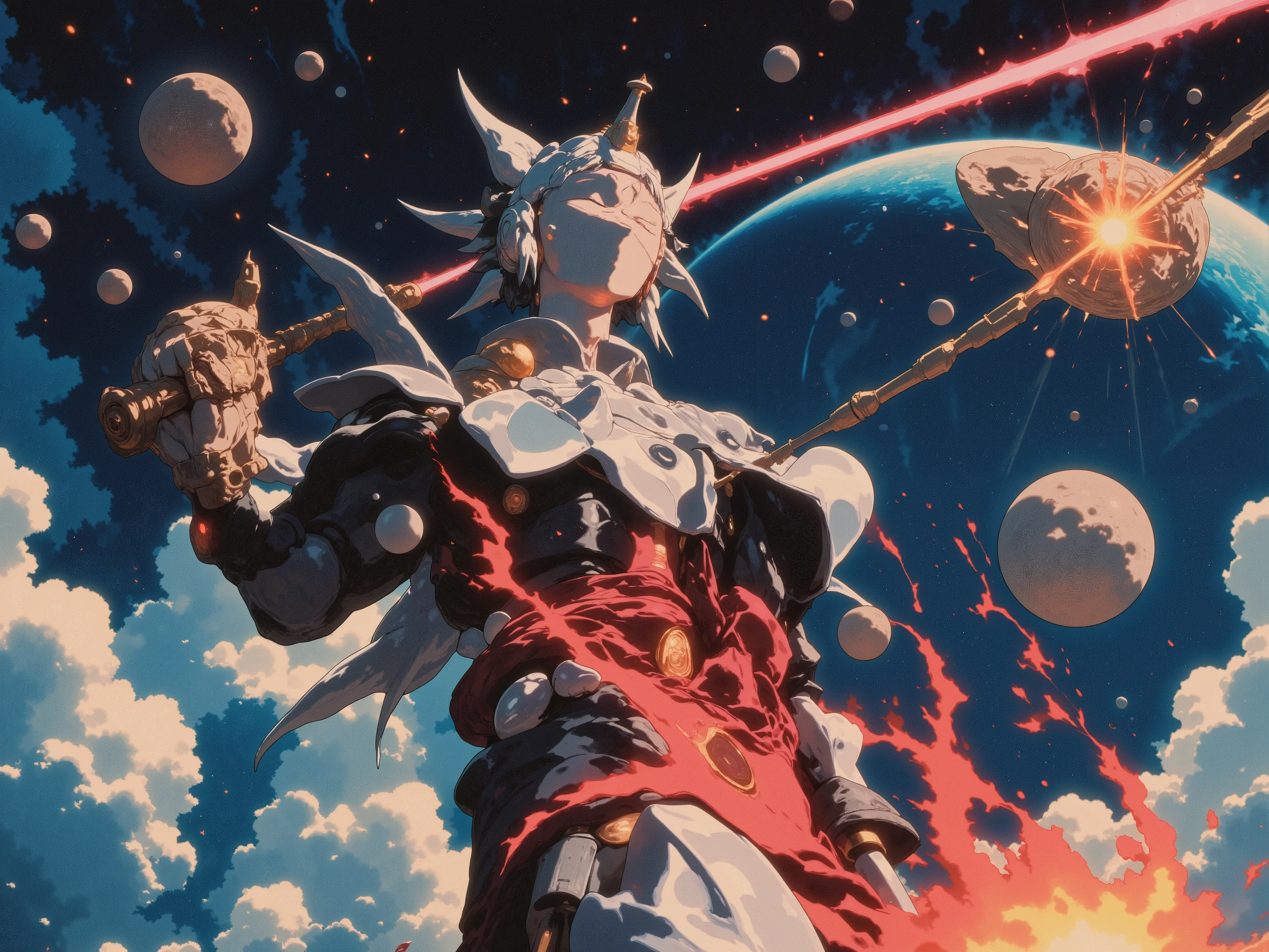 Style of Yoshiyuki Sadamoto :”Angel’s Egg, Gunbuster, cell shading, dreamy vibrance, surreal, grainy, vintage anime, overlapping visual channels, interference, dystopian sky, tilted” Classic Anime, fantasy, metallic god looking at the planets and choosing one to move in space. Simple colors, vibrant, airy, dark, grim, shiny glair, lens flair. Detailed 80’s anime.
