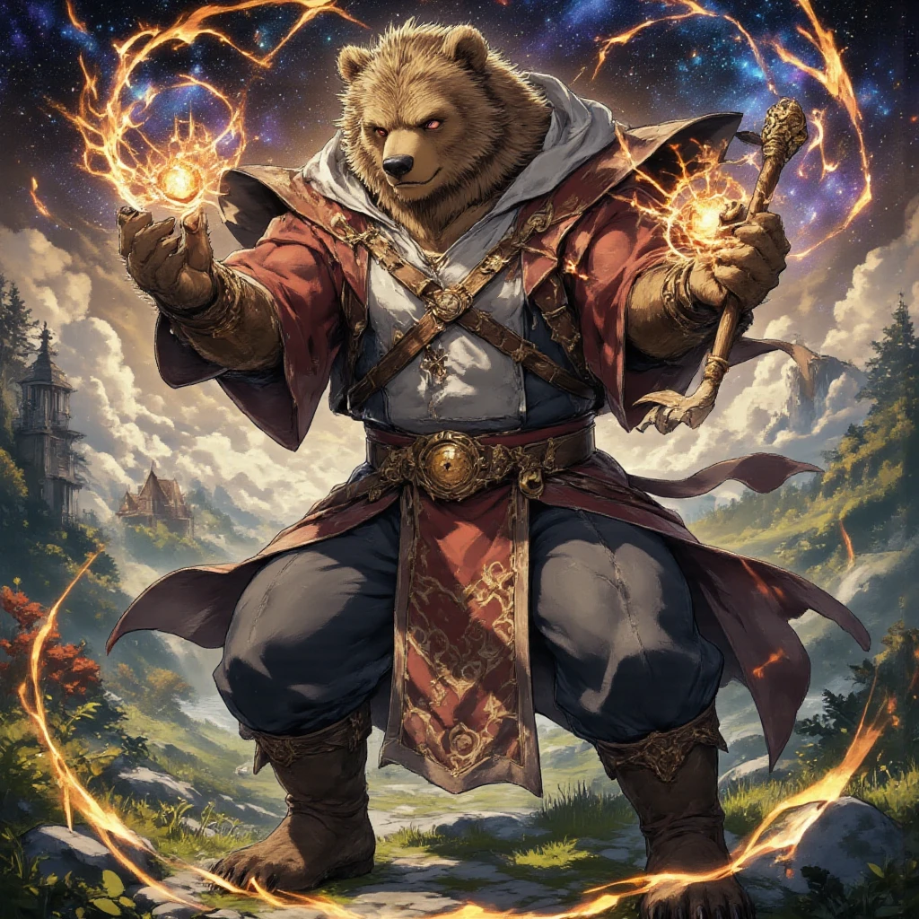 character focus, full body, looking away, dynamic angle, european fantasy, wizard, a muscular middle-aged bear man, heroic costume clothes, robe, shirt, pants, magic stick, casting time magic, clock effect, dynamic pose, BREAK complete anatomy, perfect proportions, beautiful thigh gap, fluffy body, intricate fur details, beautiful fur texture, BREAK a detailed bear 1tail, detailed boots, detailed foot, detailed hands, 4fingers, 4fingers nails, BREAK aesthetic anime face, insanity detailed face, male face, big face, square jawline, aesthetic anime eyes, detailed brown eyes, detailed brown cornea, detailed dark brown irises, detailed pupils, male eyes, big eyes, male eyebrows, innocent look, beautiful beard, BREAK full body in Michelangelo Buonarroti style, digital illustration anime, housamo style, detailed painting landscape, clock illustrations space, outdoor, full color, HDR, BREAK masterpiece, official art, best quality, very aesthetic, absurdres, super fine illustration, great quality, BREAK noise reduction, very highres, large filesize, high quality, 32K, 8k wallpaper, dynamic lighting, BREAK insanity detailed, ultra detailed, intricate details, extremely detailed, detailed texture, an extremely delicate and beautiful, BREAK osukemo, e621 illustration, kemohomo, anthropomorphic, furry, cartoon, harmonious body, pastoral face, virtuous eyes, clock atmosphere