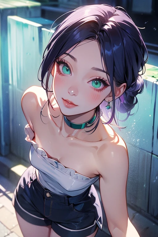 Jinx, Fleshy thighs, Instagram pose,Dynamic angle, Show armpits, ((Tank top)), Nipples, C cup, Happy expression, (Entire body image:1.5), (8K, Best quality, A high resolution:1.35), (RAW photo:1.2), (Photorealistic:1.37), (Masterpiece: 1.25), Dramatic lighting, Photon maping, Symmetry, Complexity, Elegance, (1 girl), Large breast, Long eyelashes, Detailed eyelashes, Eye shadows, Glowing eyes, ((Natural makeup, Clear facial features)), ((Curvy build, Showing stomach)), ((Fine detailed beautiful eyes: 1.2)), Bad girl, Erotic, ((Hotel room background, Night))