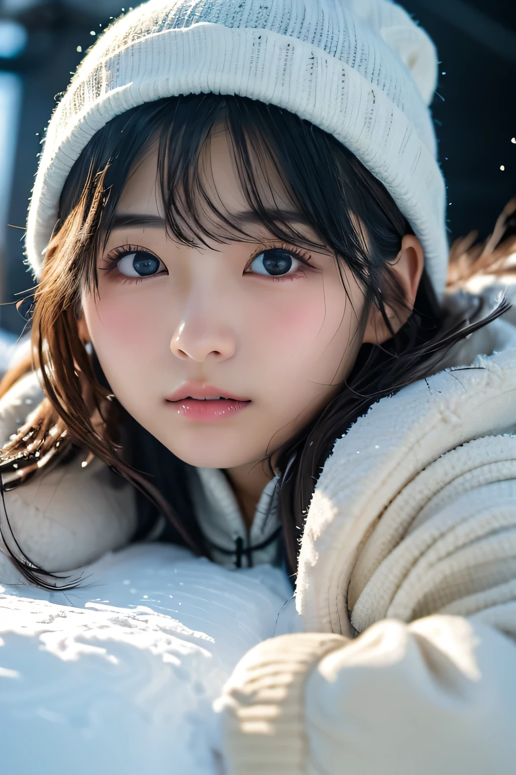 Girl with long hair wearing a white sweater and black ears muffler, drowsy, sleepy fashion model face, lalisa manobal, cute bangs, white bangs, cute cute, cute cute, with full bangs, sleeping, cute girl, cute girl, nina masic, anastasia ovchinnikova, sleepy eyes, cold but cute