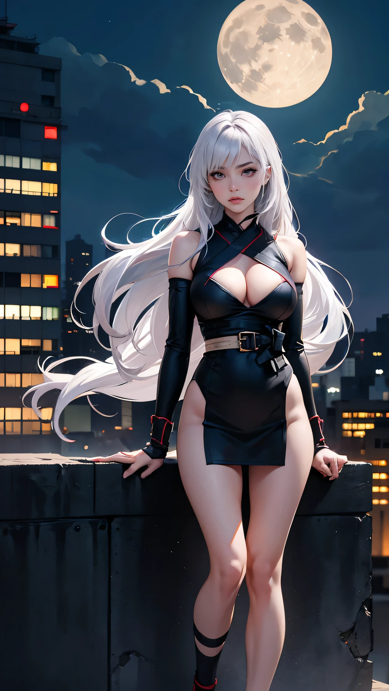 (Sci-fi fantasy), (masterpiece), (Professional Oil Painting) (最high quality), (8K resolution), (1 beautiful girl), ((Pale grey skin)), (Iron grey skin), ((Black and white super high leg leotard))、((Red lipstick)), ((Black sneakers)), (Concept Art), Small box, (Long Hair), (Messy Hair), (Black Hair), (Iron-gray hair), ((With futuristic weapons)), (ammunition), ((Moonlight at night)), (Sit down and think)), masterpiece, 最high quality, high quality, High resolution,